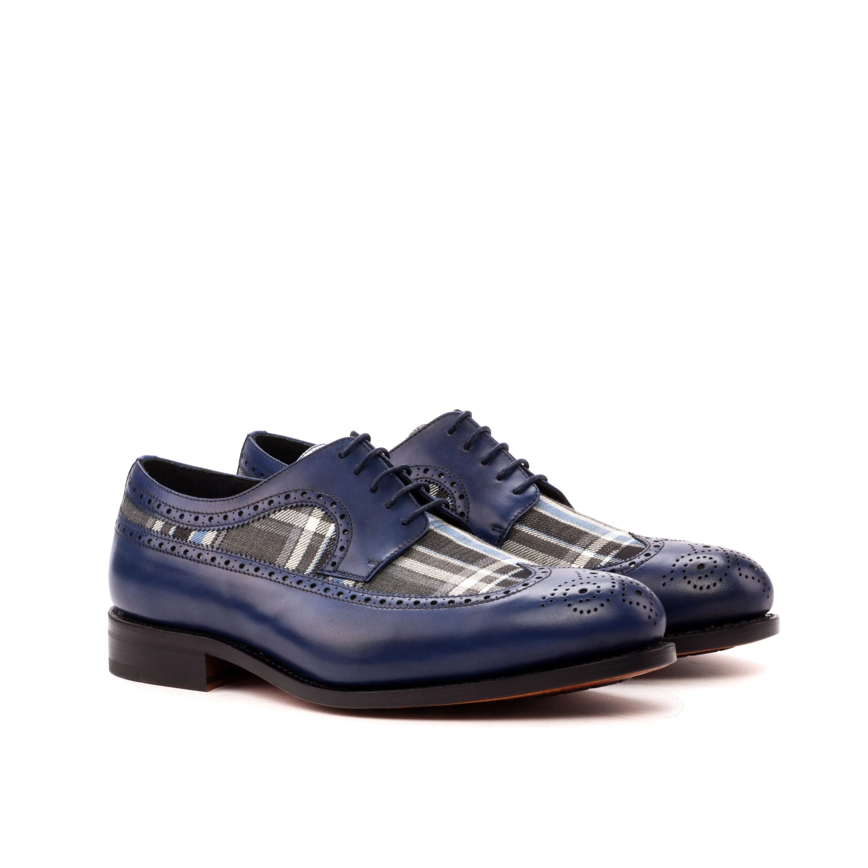 Seneca longwing blucher in blue leather and plaid dress shoes