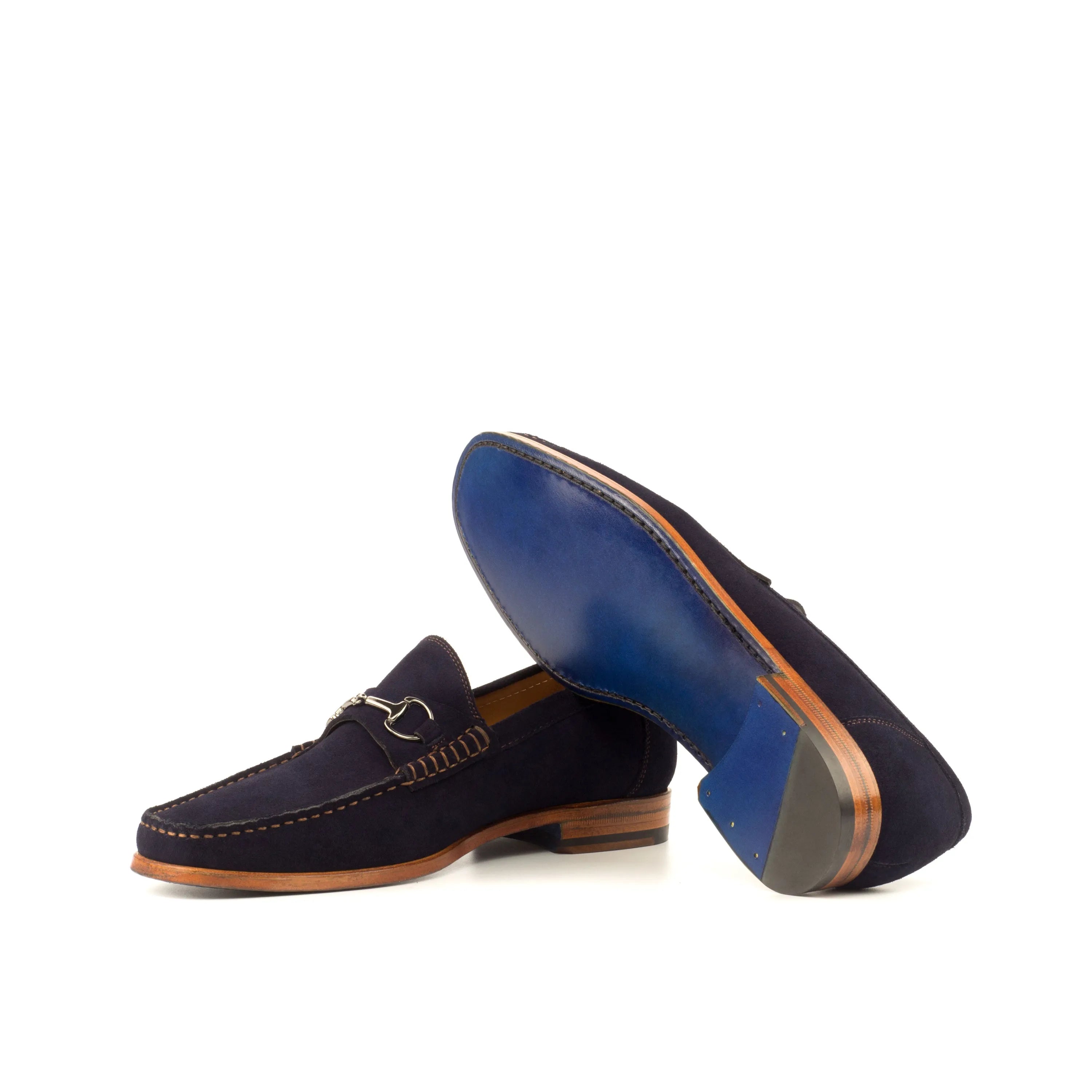 Serenity Moccasin: pair of navy suede loafers, luxury bespoke shoes for men