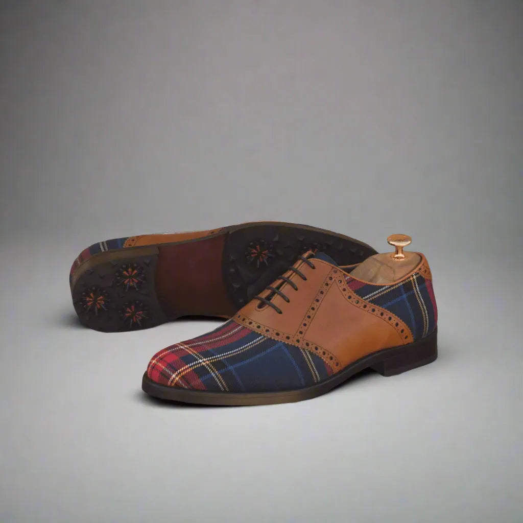 Shapiro saddle golf shoes with tartan and leather saddle design