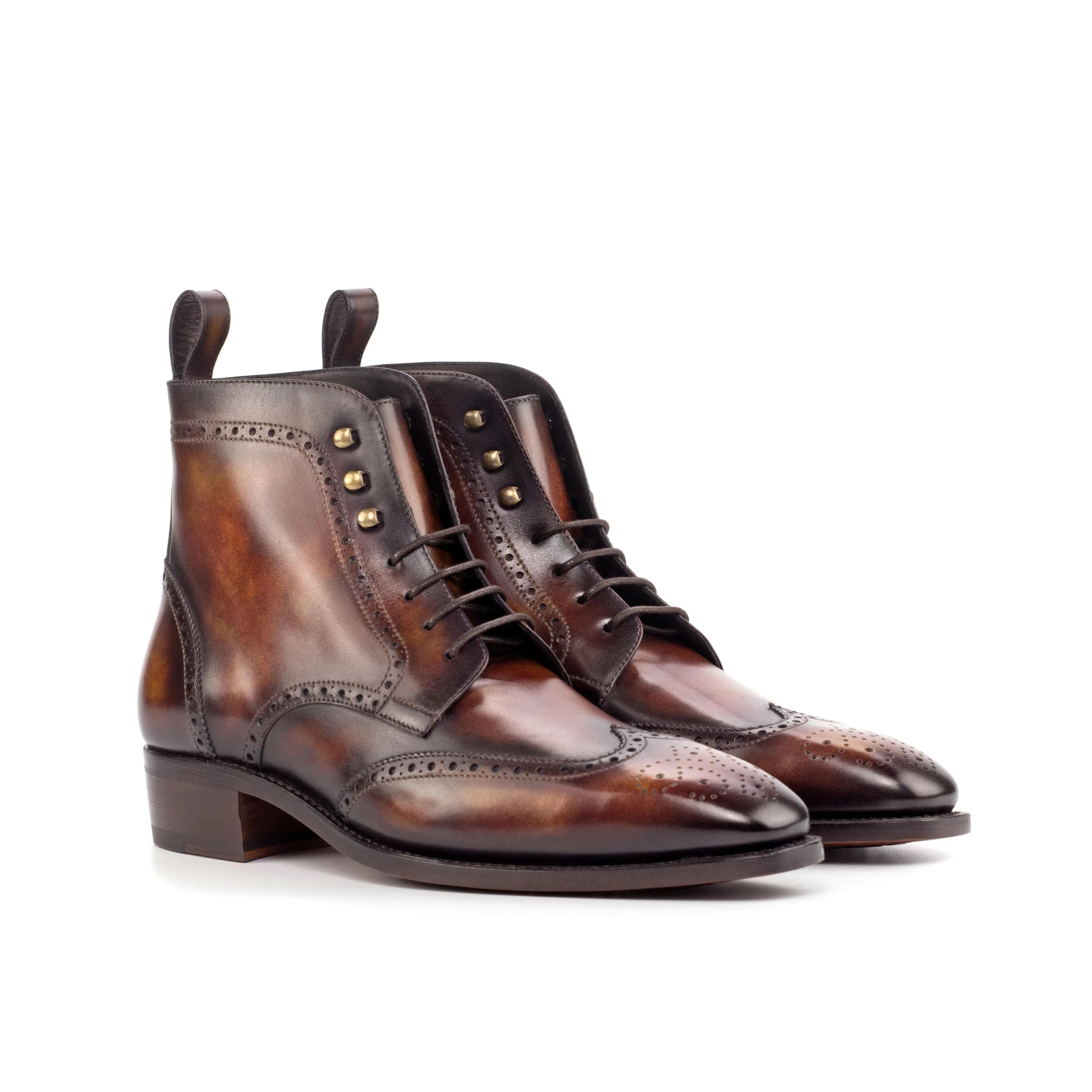 Silo Patina Military Brogue Boots in brown leather wingtip design