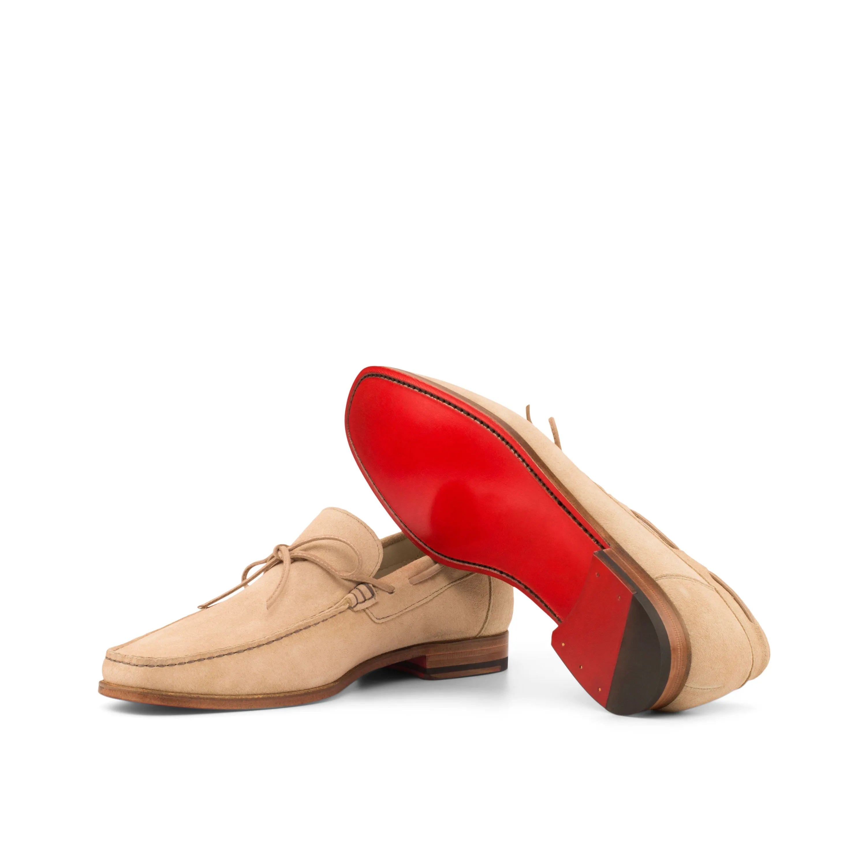 Soleil moccasin beige suede loafers with red soles, luxury bespoke shoes for men