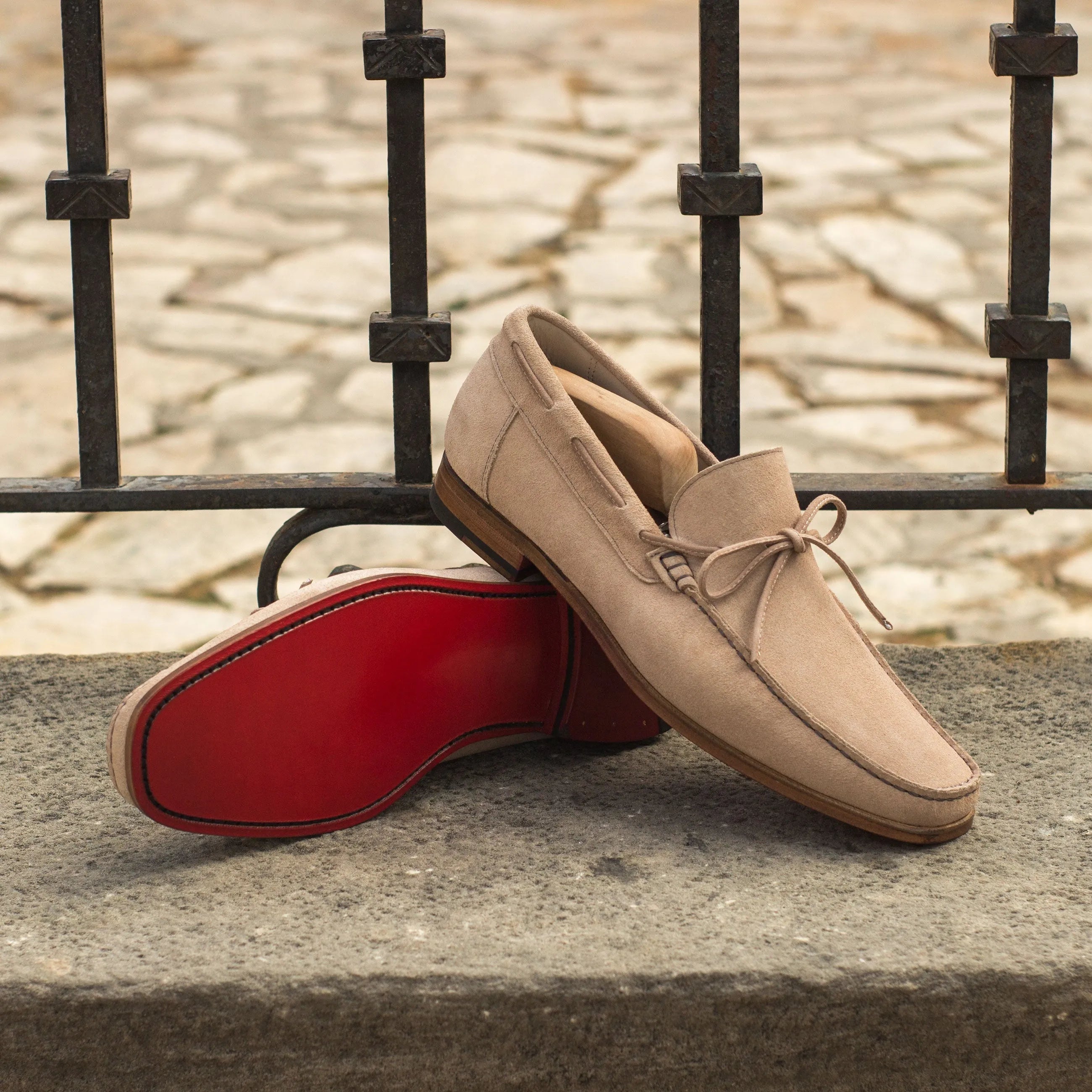 Soleil moccasin beige suede loafers with red soles, luxury bespoke shoes for men