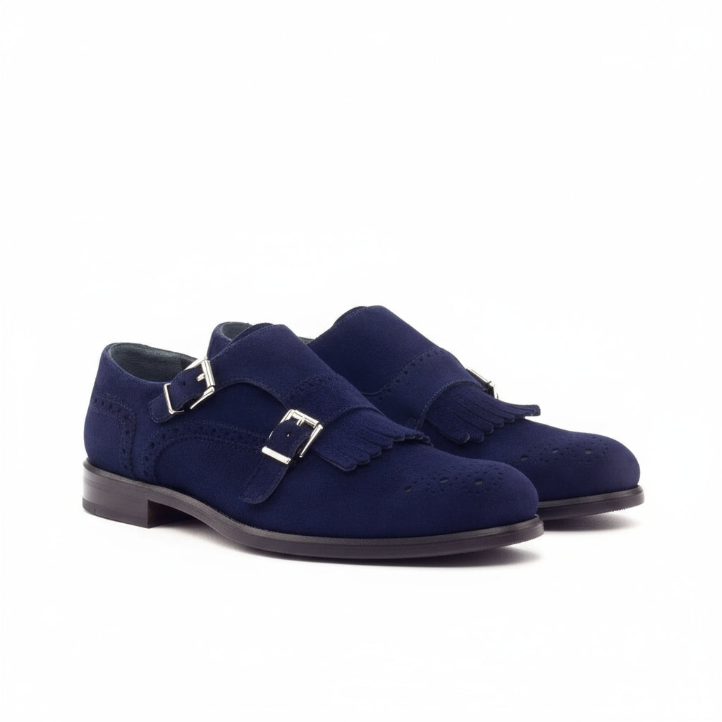 Susan Kiltie unisex monk strap blue suede shoes pair