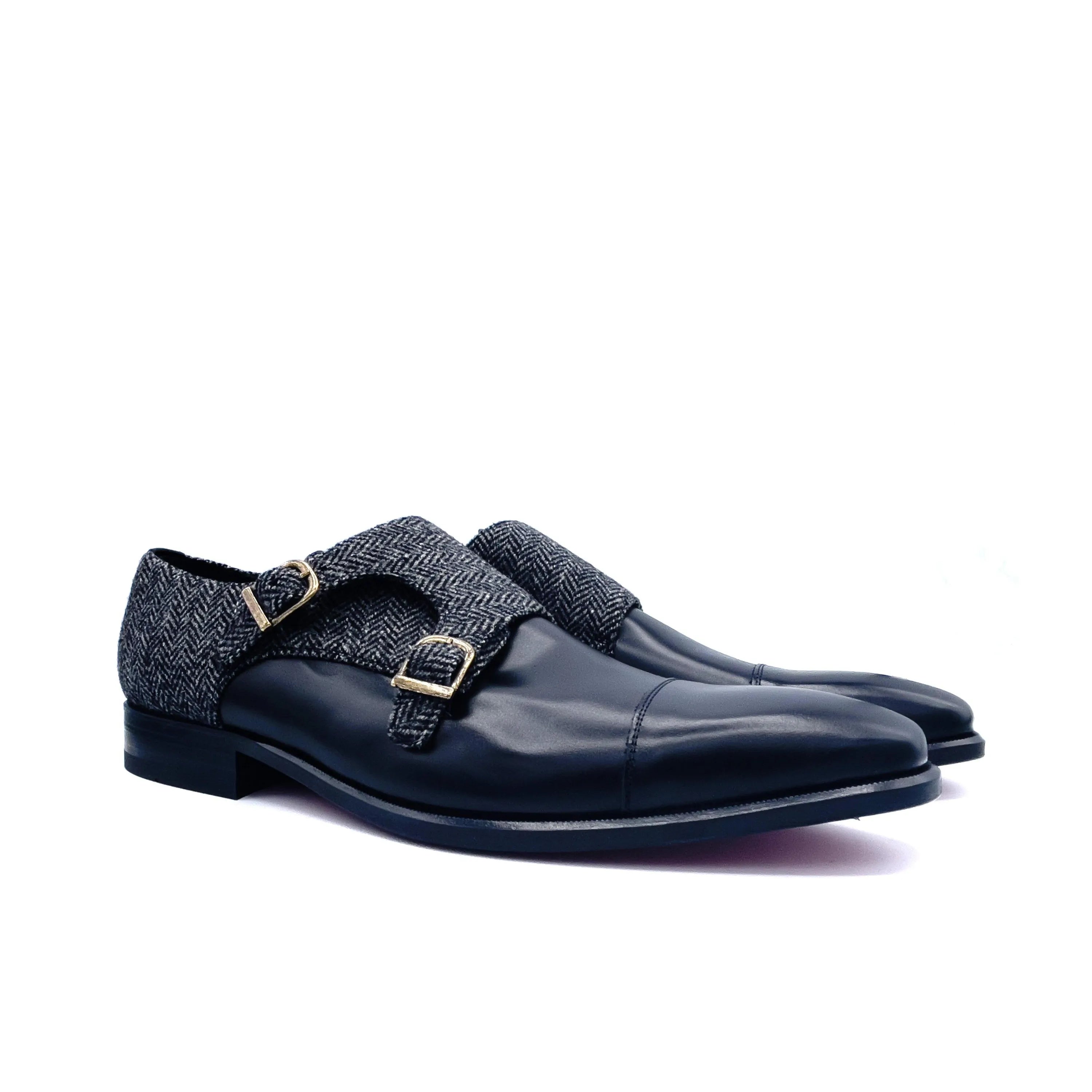 SW20 double monk patina shoes in black leather and tweed