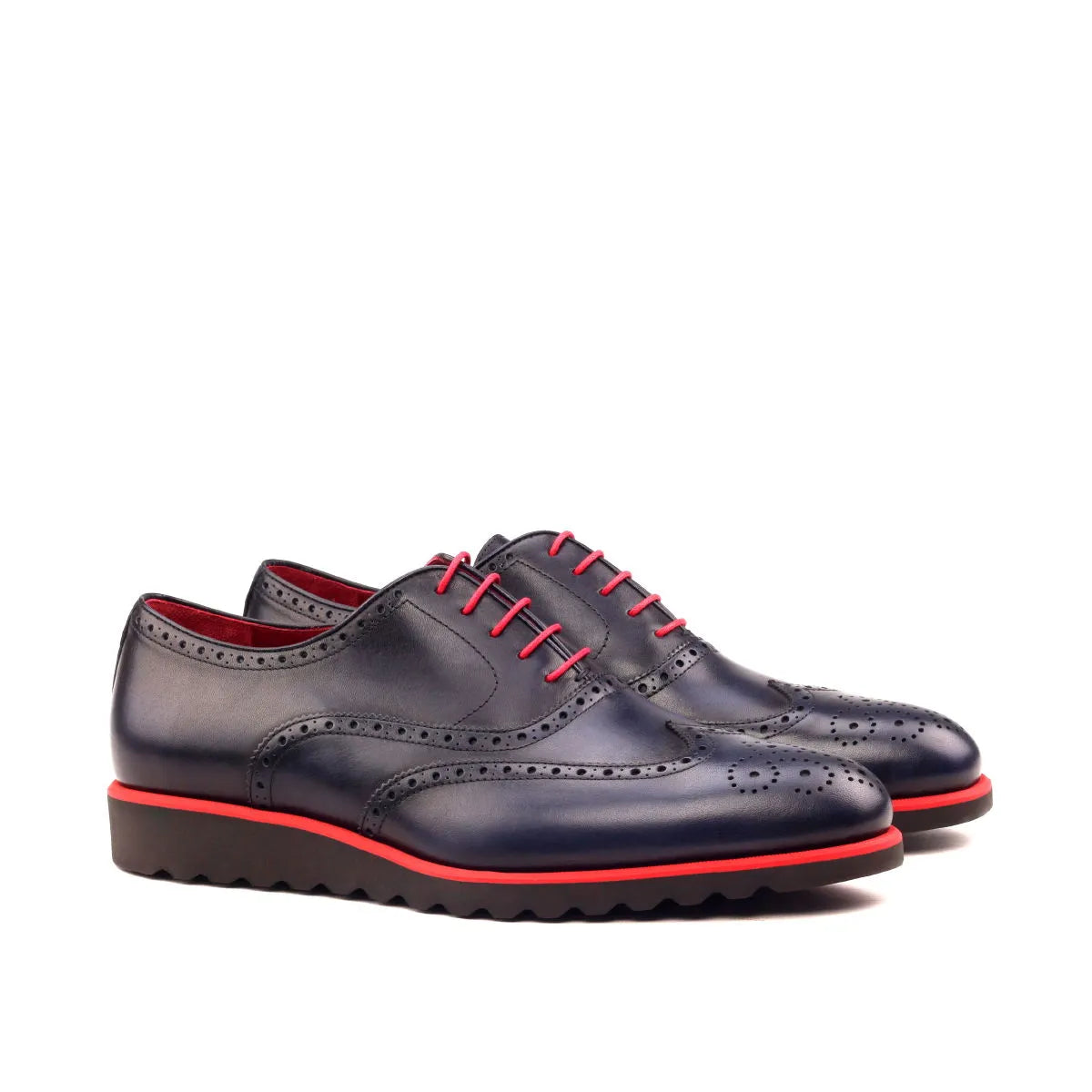 Taycan Full Brogue Shoes II: blue leather brogue shoes with red accents, rounded toe