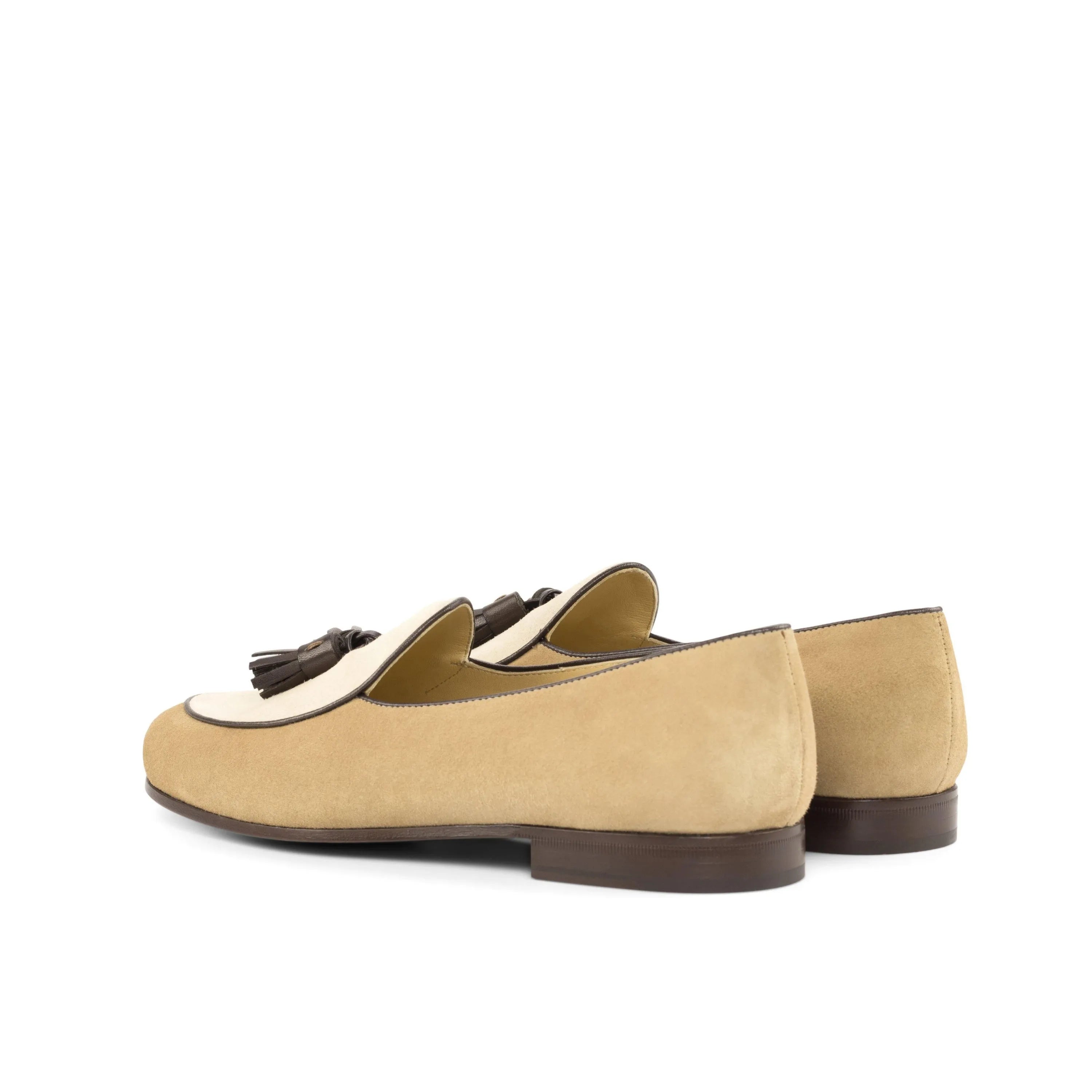 Tan suede tassel loafers on Teatro Belgian Slipper II back view