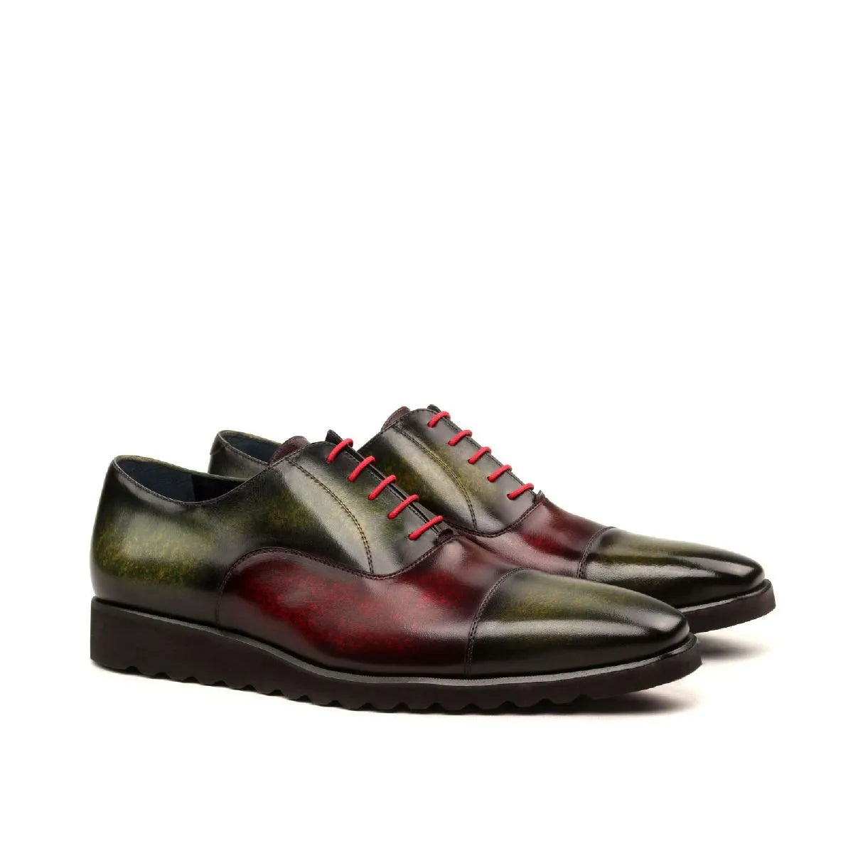 Tice Oxford patina shoes: two-toned leather dress shoes with red laces