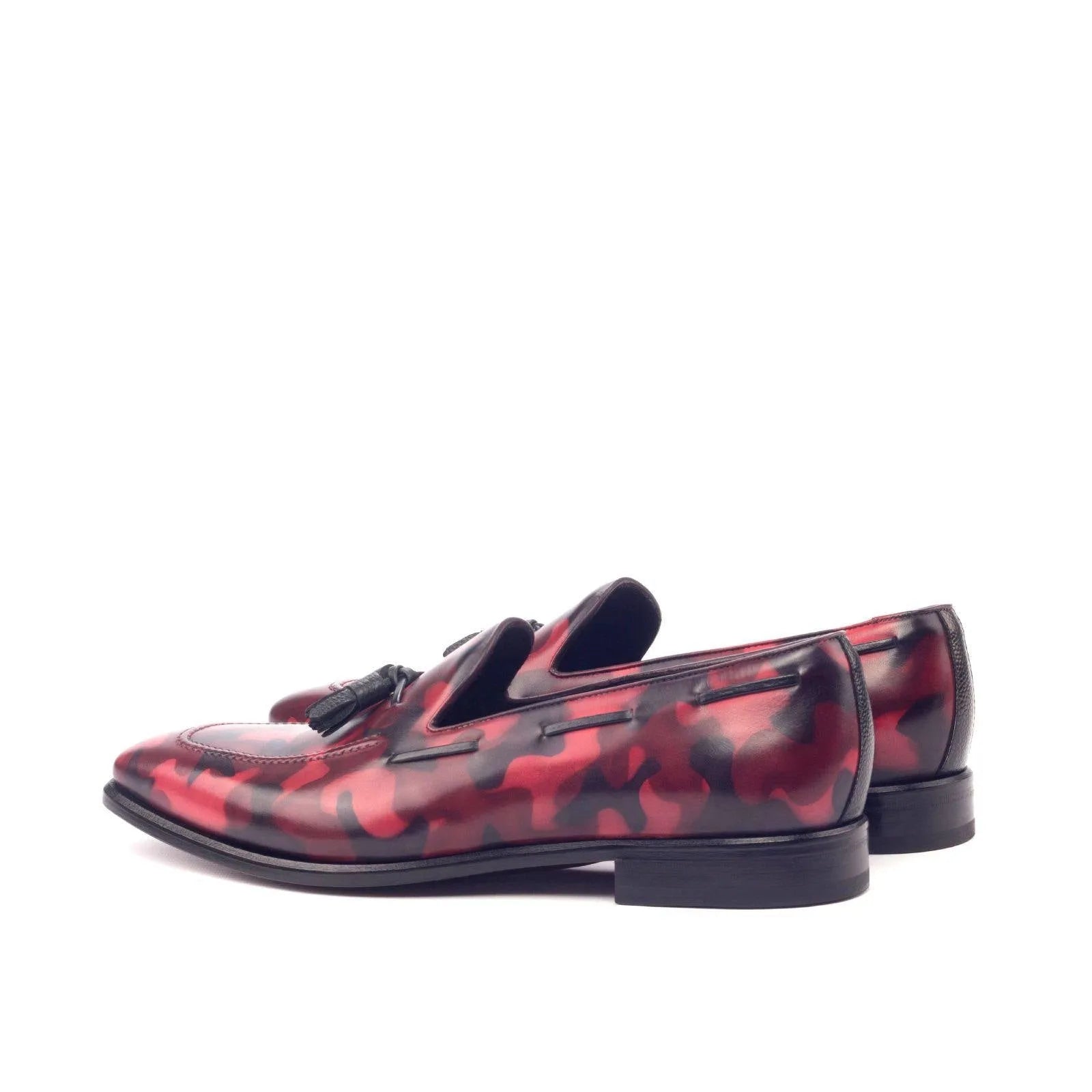 Timo camo patina loafers in red and black camouflage with tassels