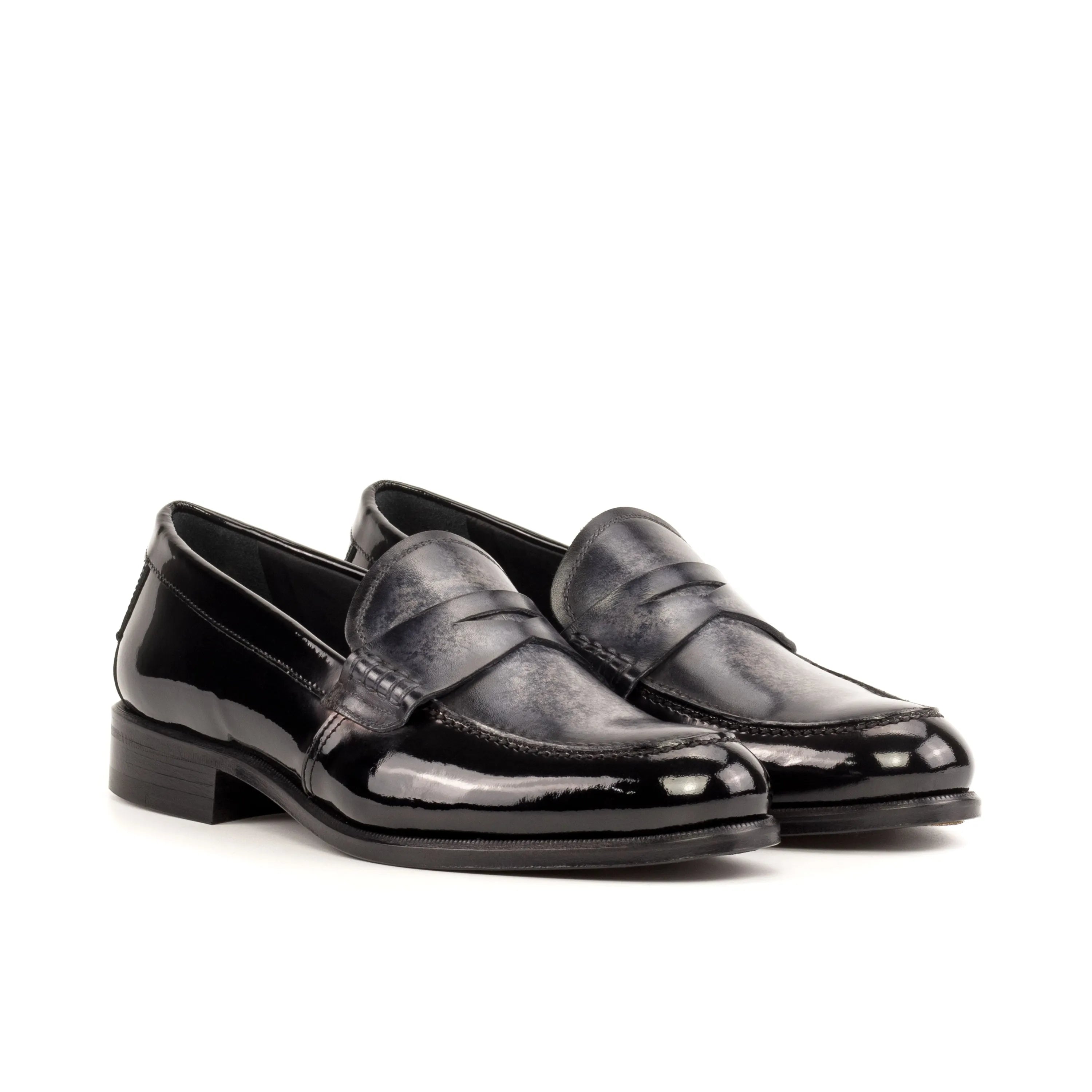 Titani unisex patina loafers: pair of shiny black leather loafers