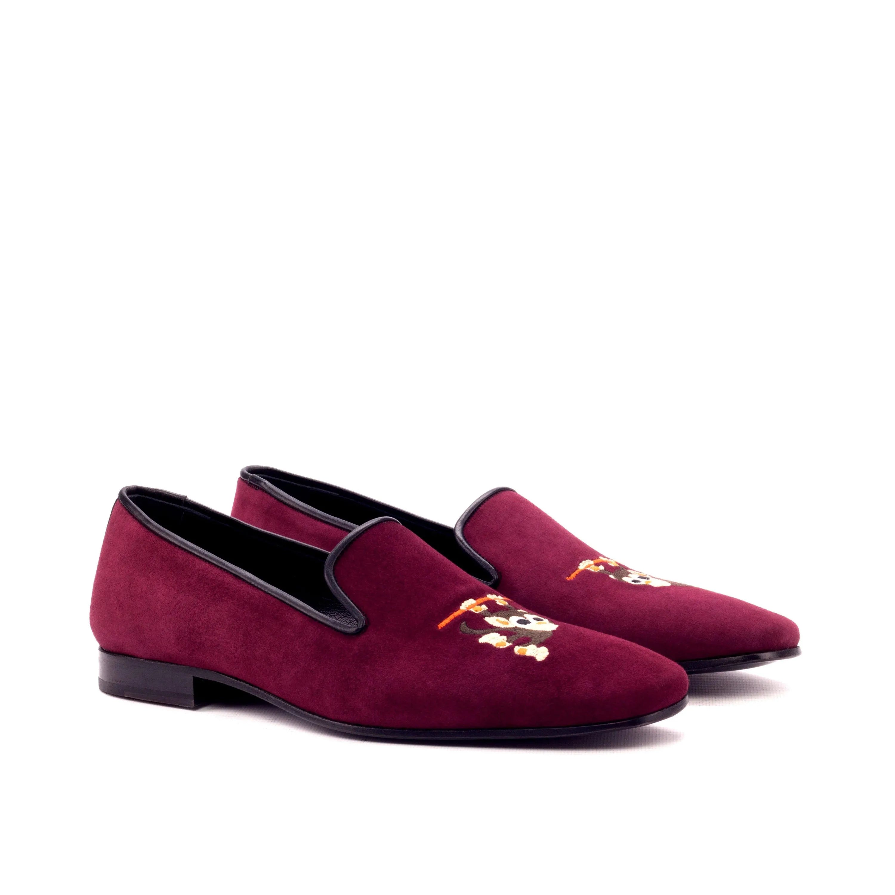 Burgundy velvet Tito Drake slipon loafers with embroidery