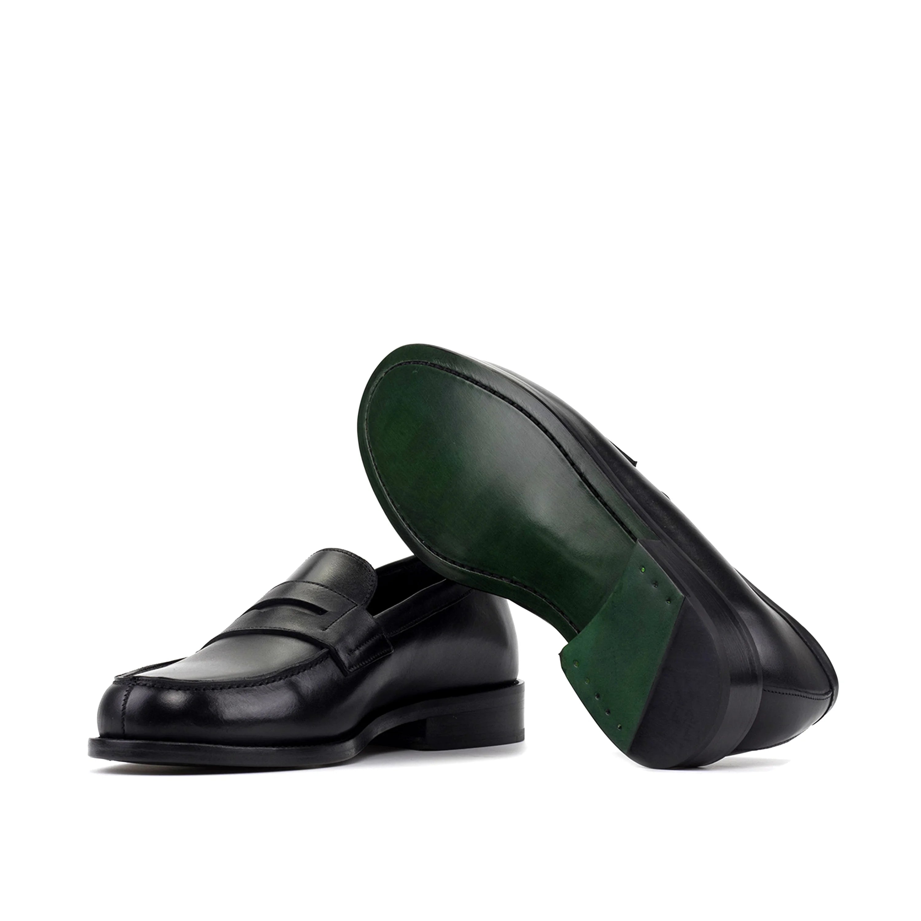 TuesdayOne penny loafers in black calf leather with green soles