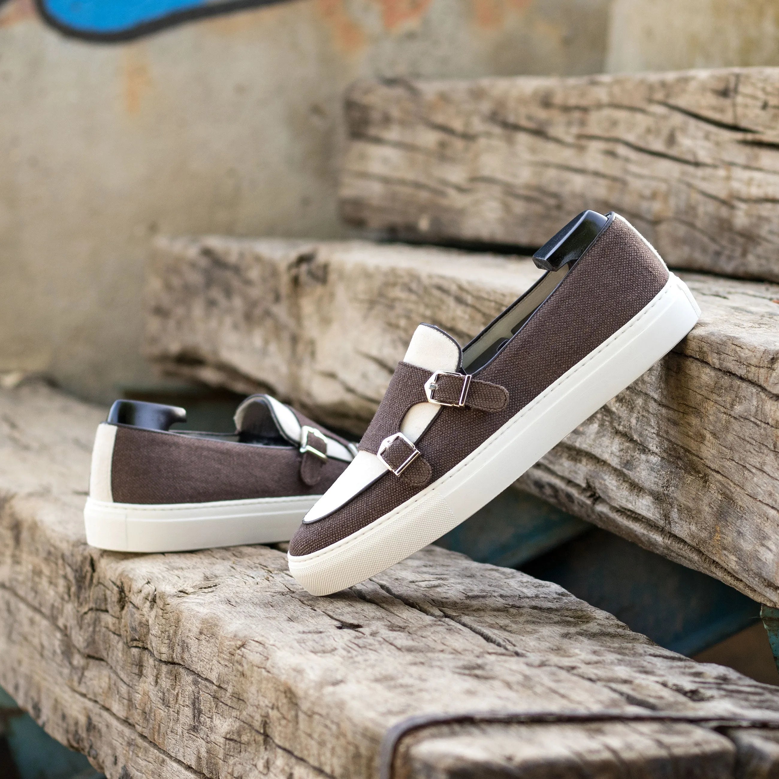 Brown suede Tulla monk sneaker with double monk straps