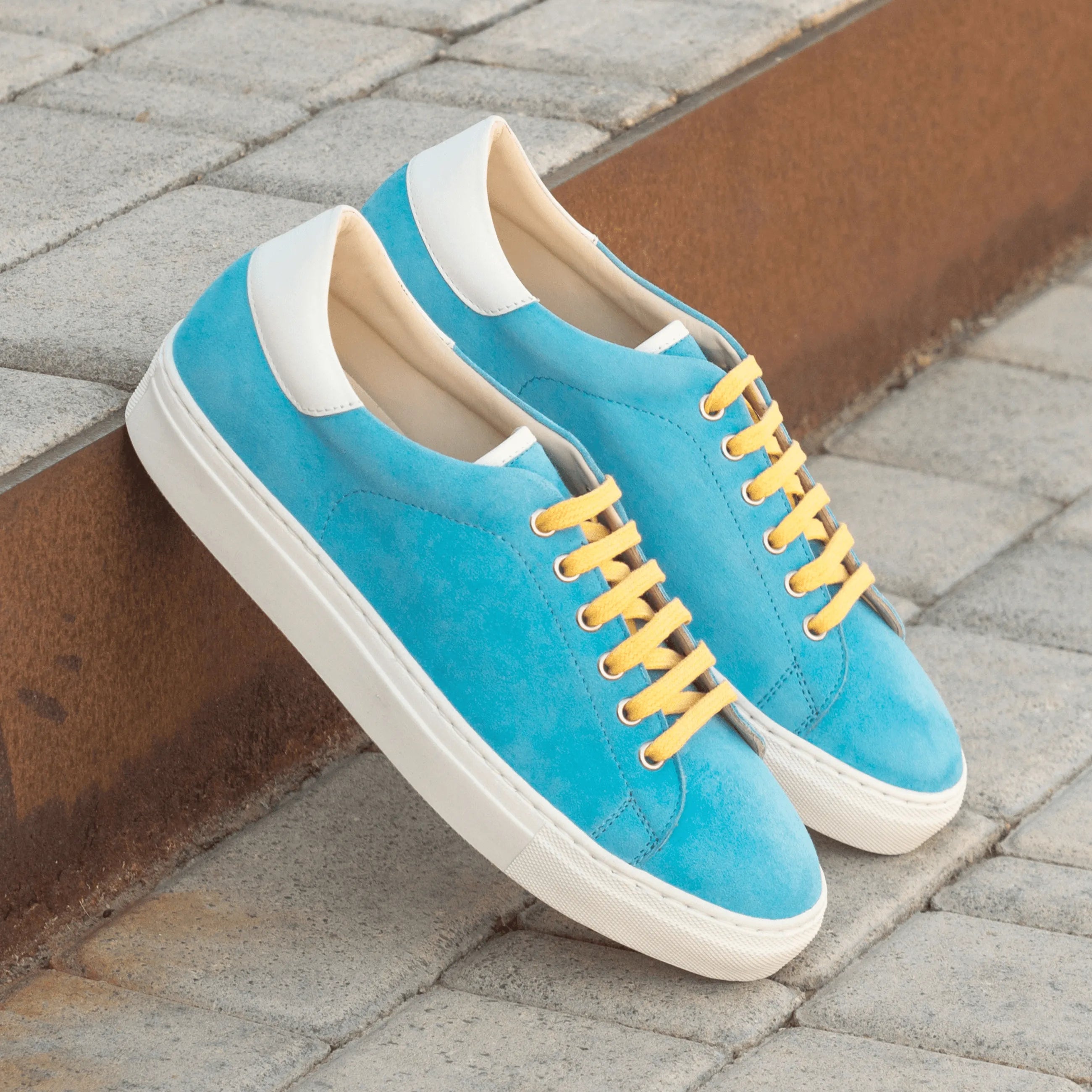 Turquoise suede Usainit Trainer Sneaker II with yellow laces