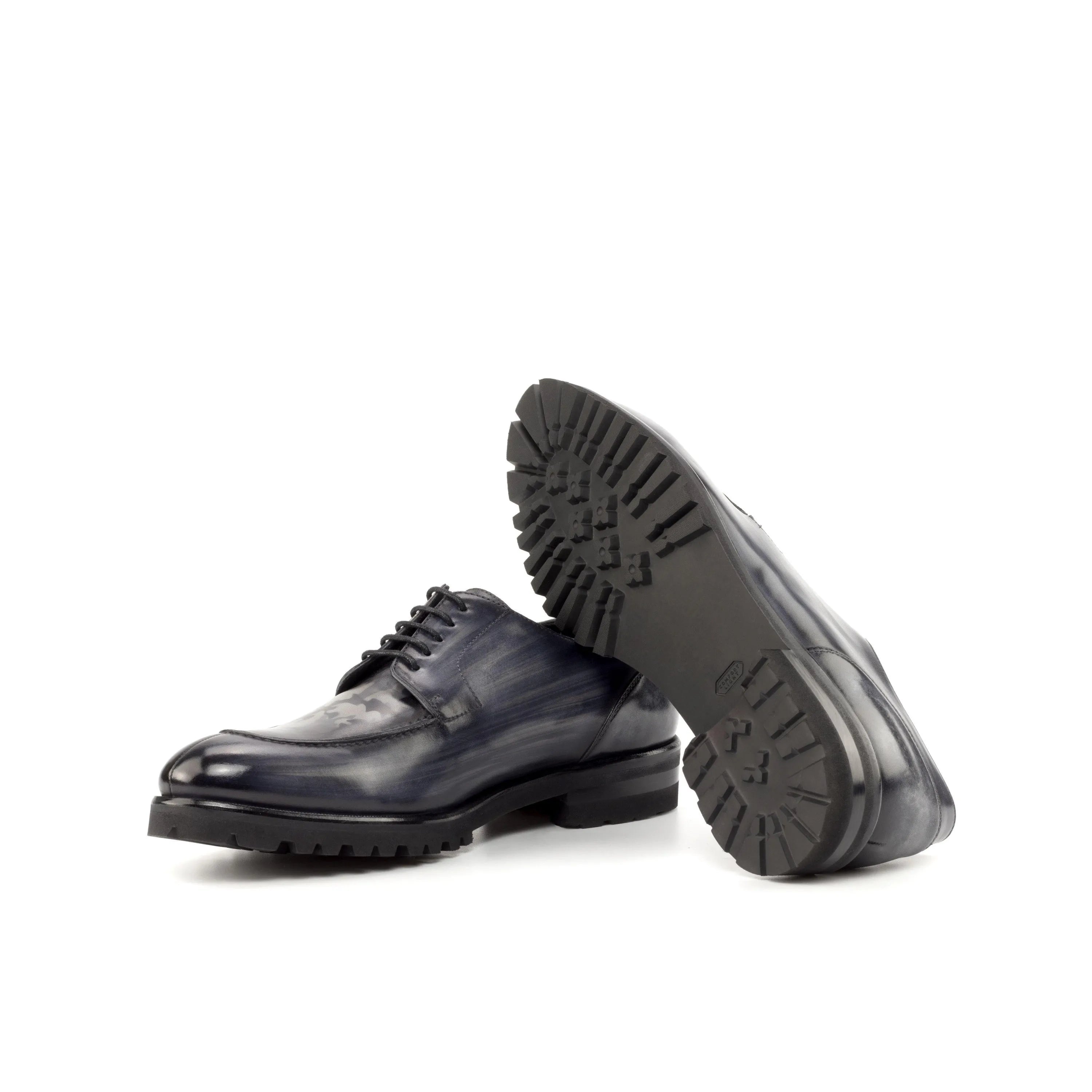 Vega derby split toe patina shoes in blue leather with lug soles