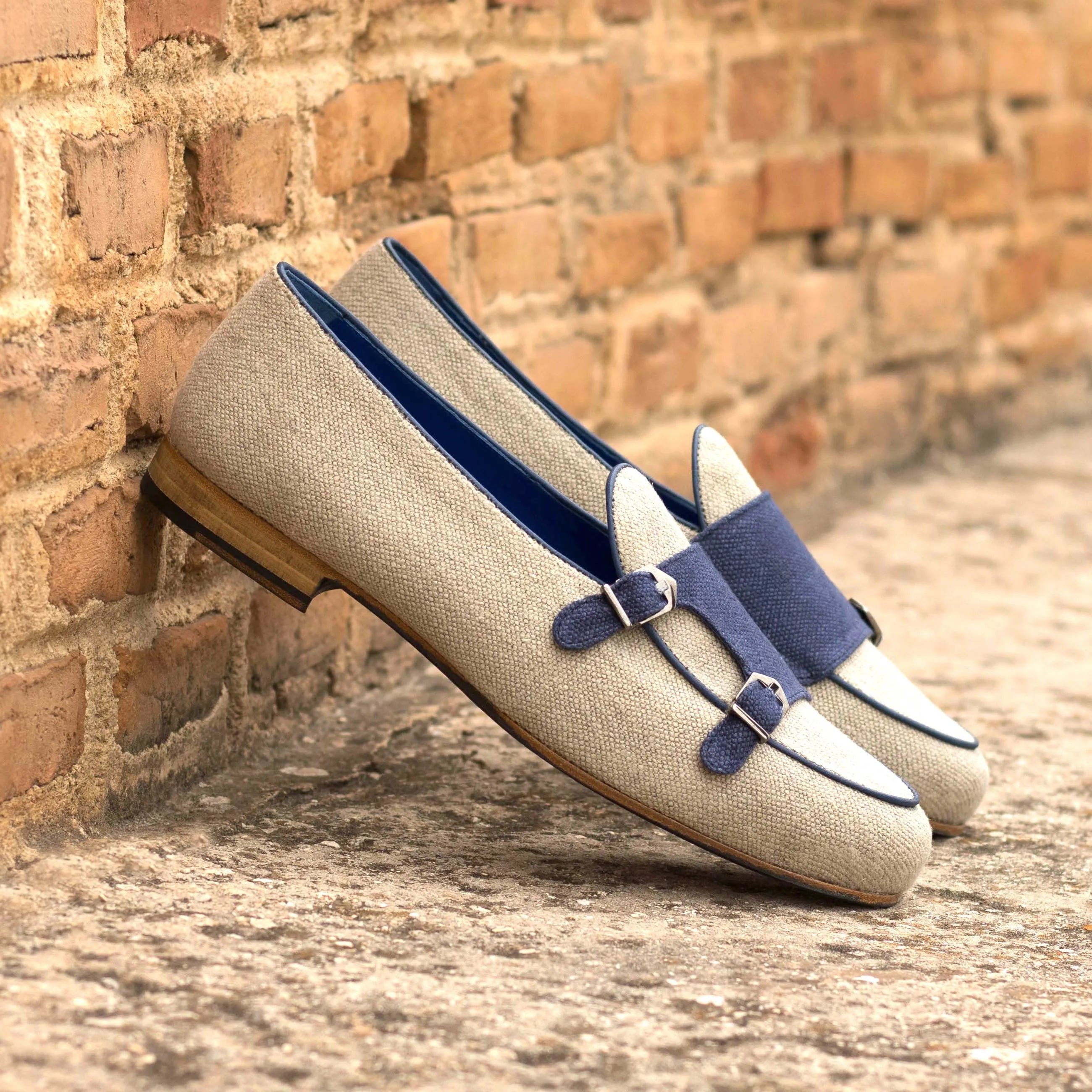 Victus Belgian Monk Slipper beige and blue double monk strap loafers