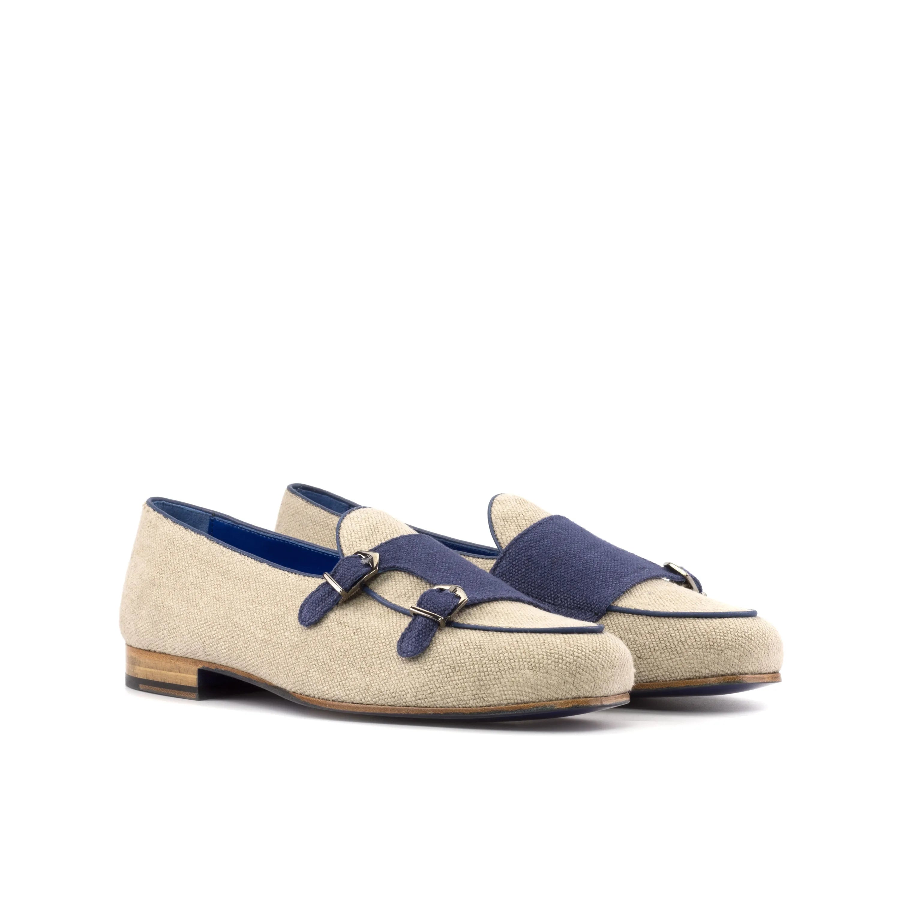 Victus Belgian Monk slipper in beige and blue double monk design