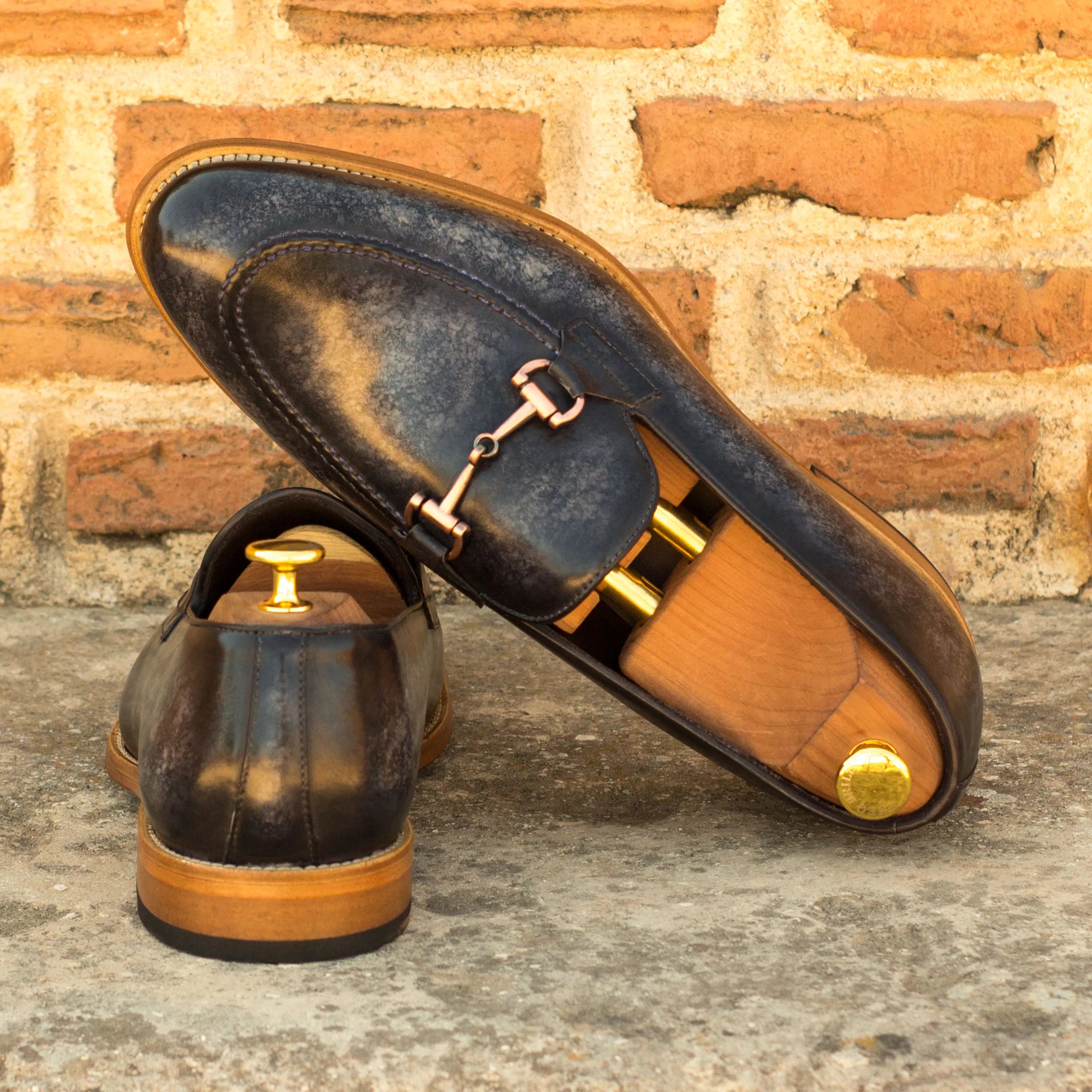 Distressed leather horsebit Vosko Patina loafers back view
