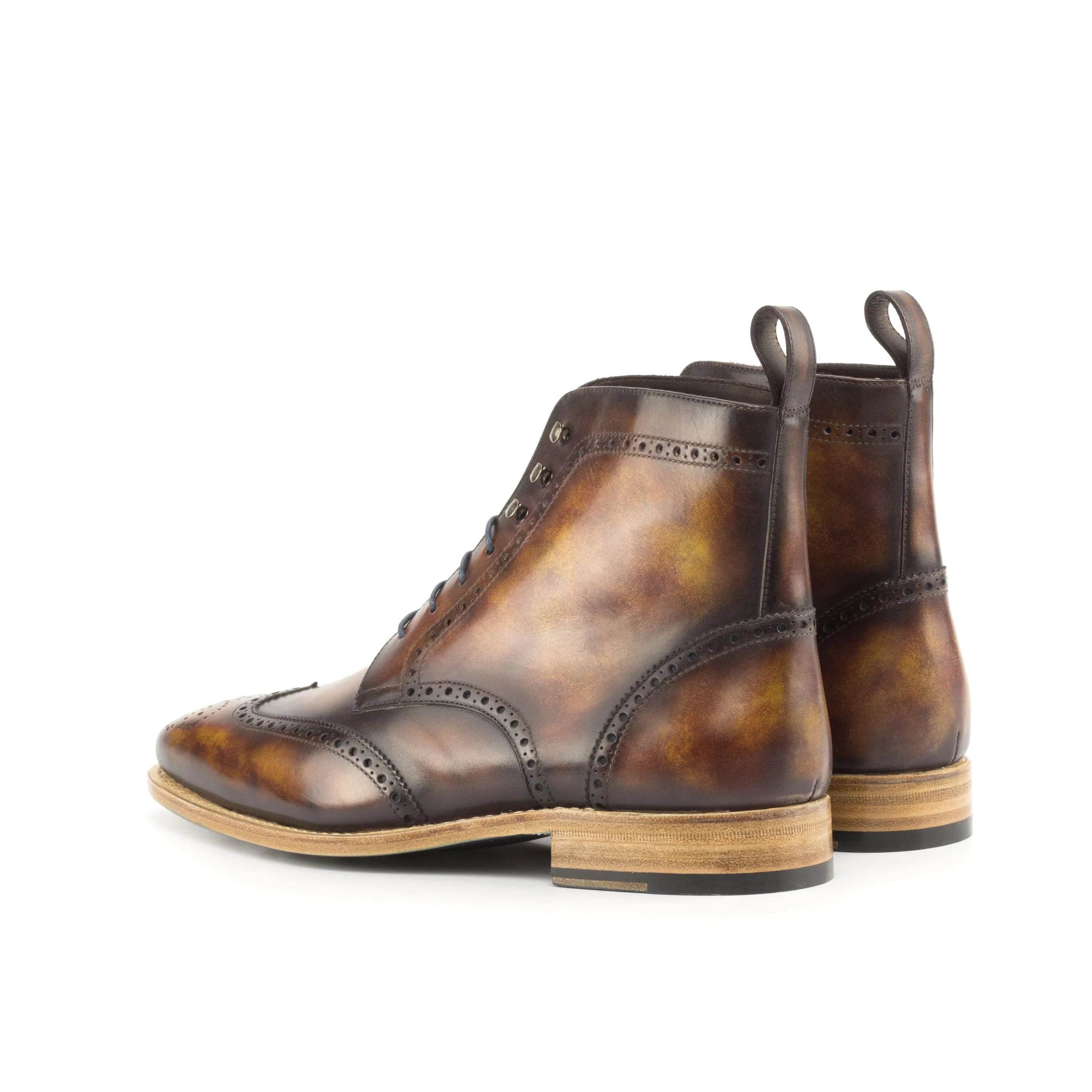 Wagner military brogue patina boots in brown leather wingtip