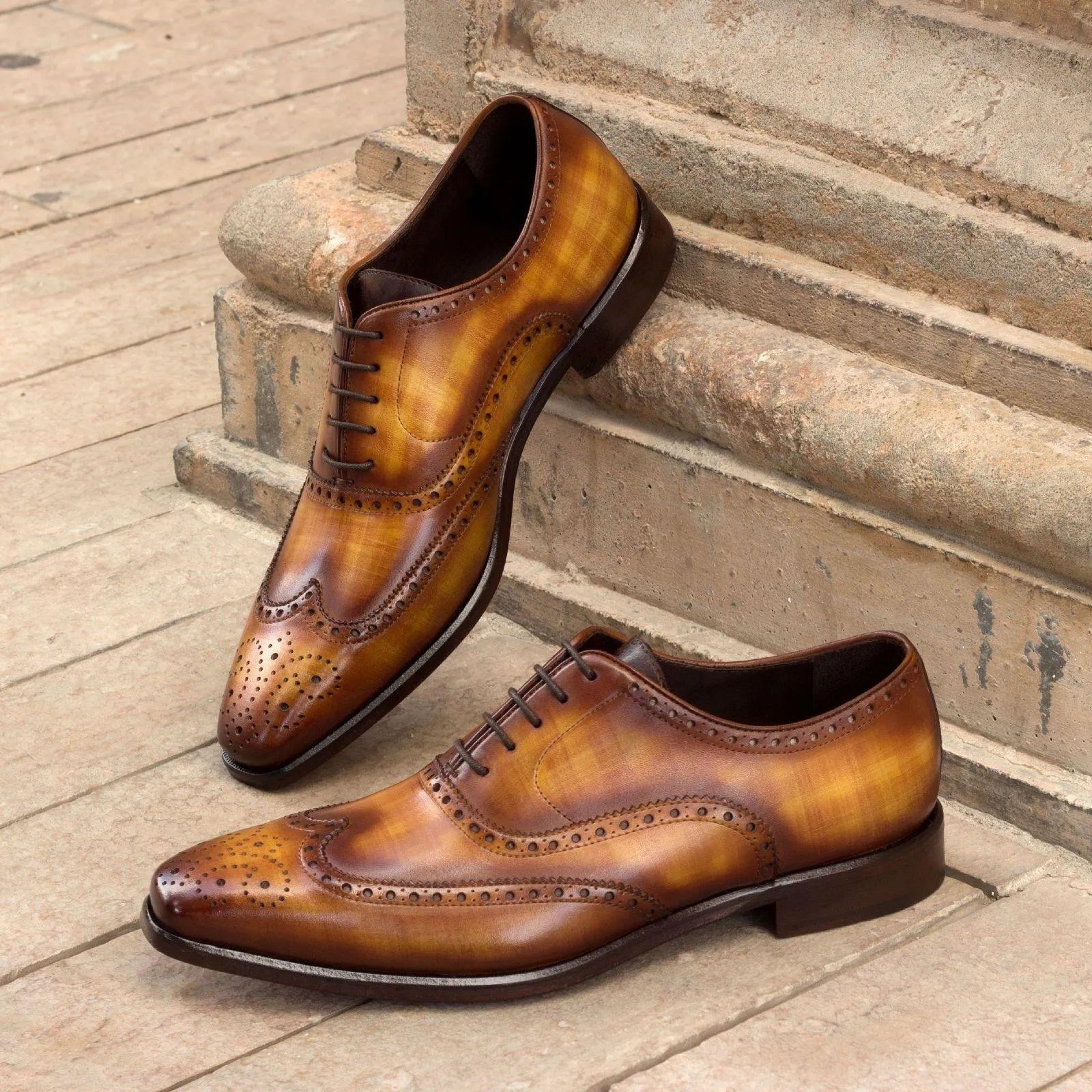 Wardon patina brogue shoes: brown leather wingtip dress shoes