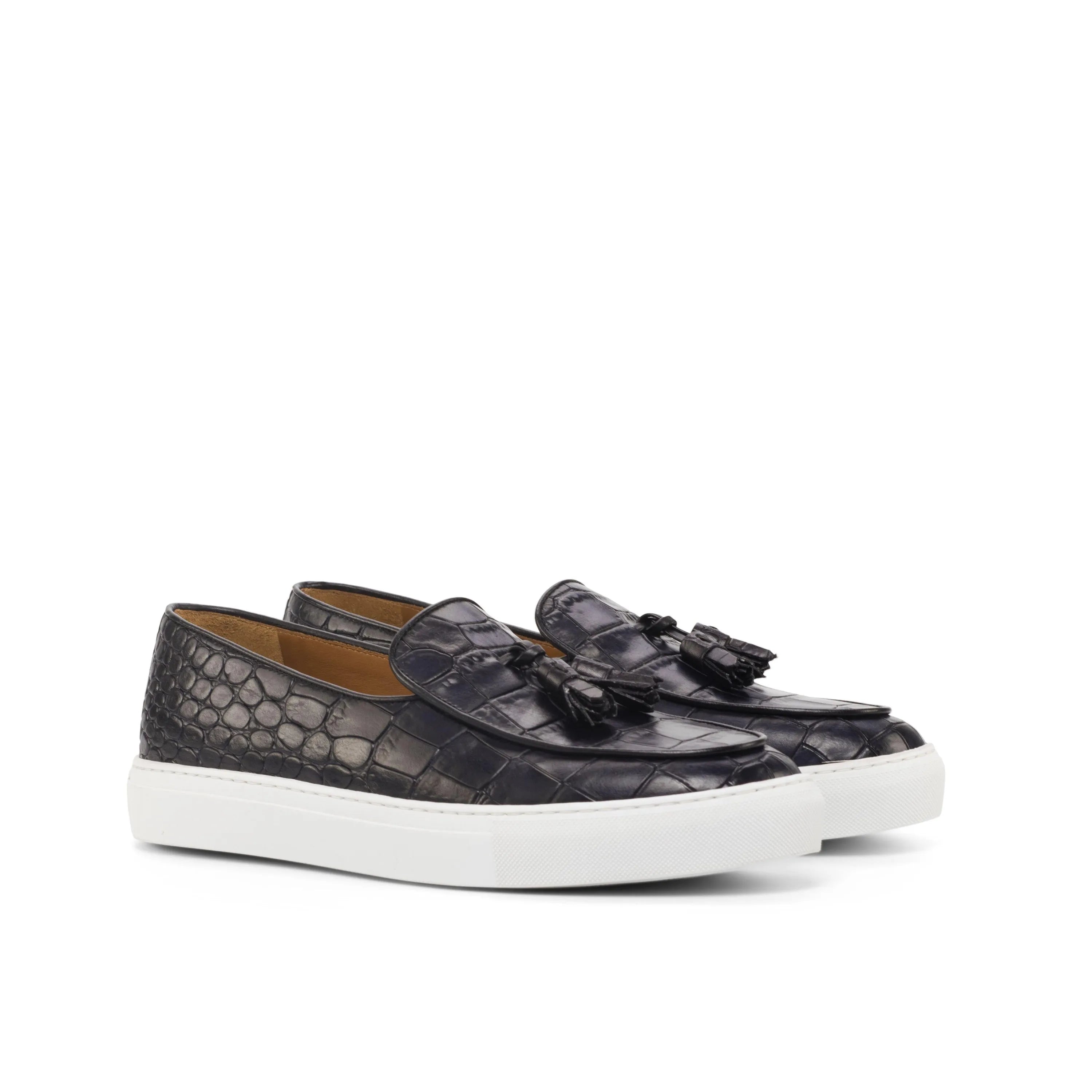 Xevia Belgian monk sneaker with black crocodile-patterned tassel loafers