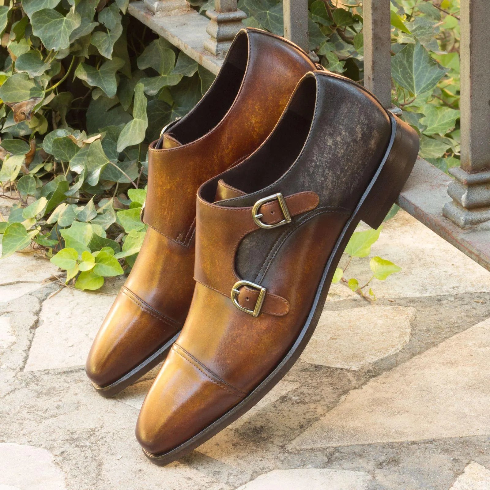 Pair of brown leather XO double monk patina shoes