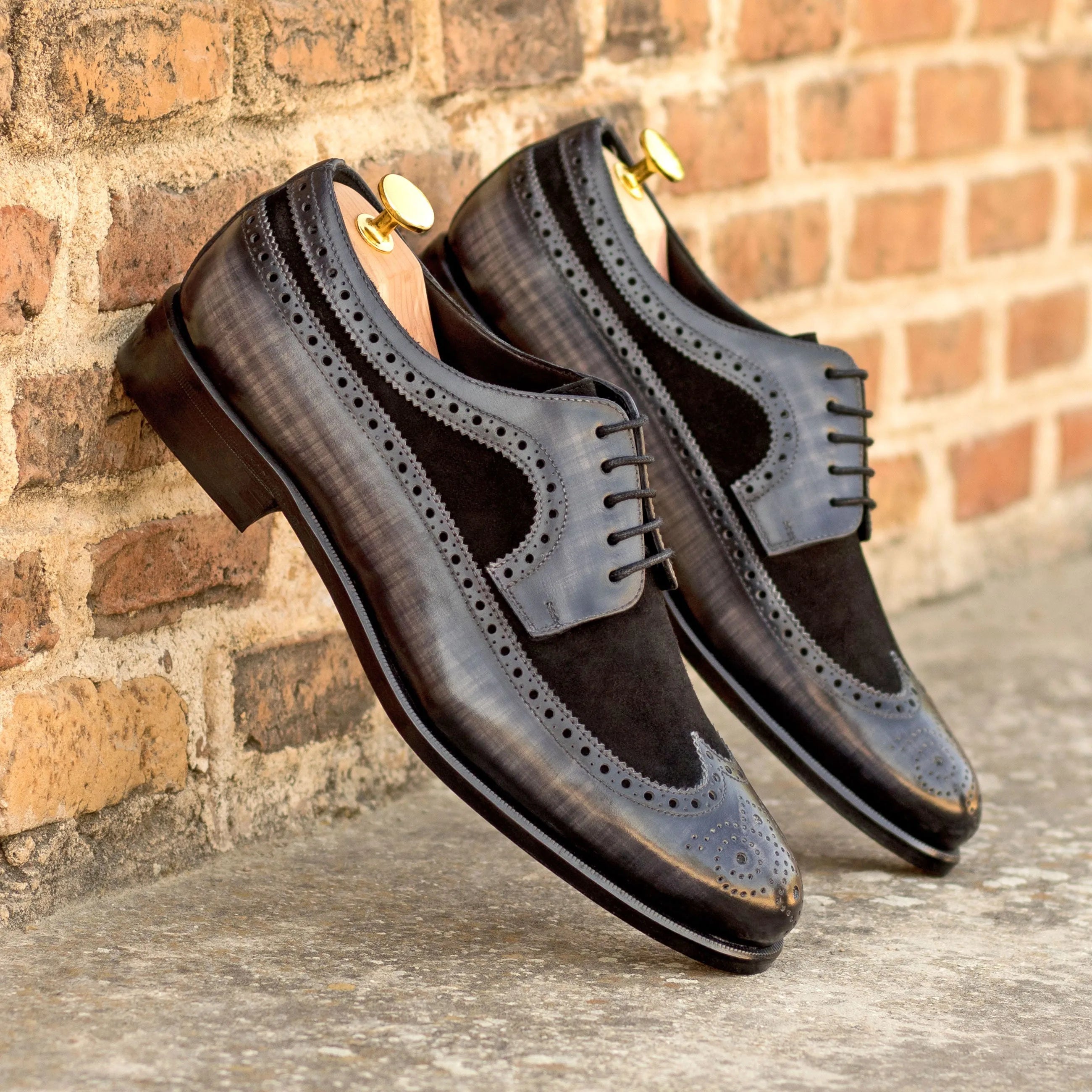 York patina longwing blucher gray leather dress shoes pair