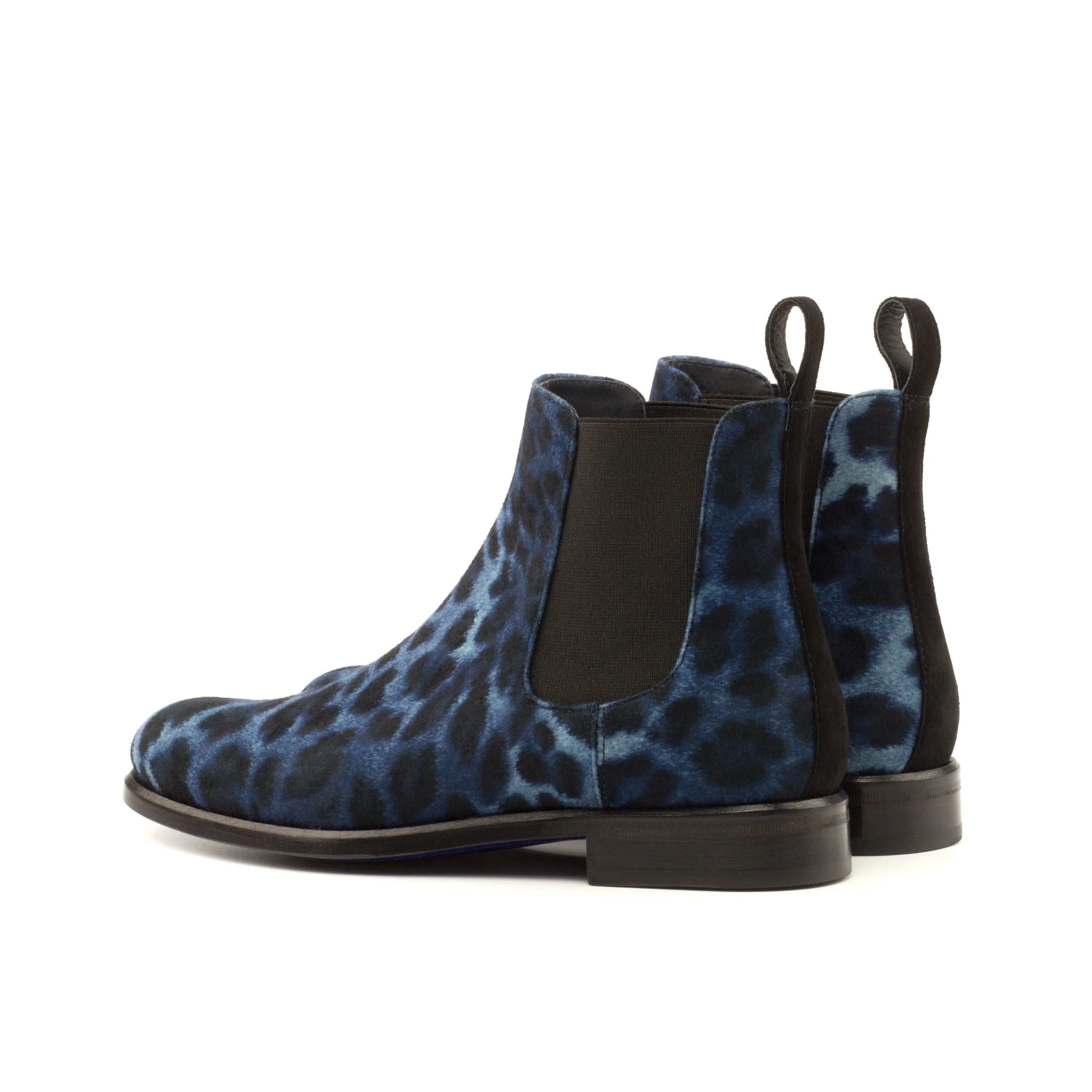 Youla ladies Chelsea boots in blue leopard print with black elastic panels