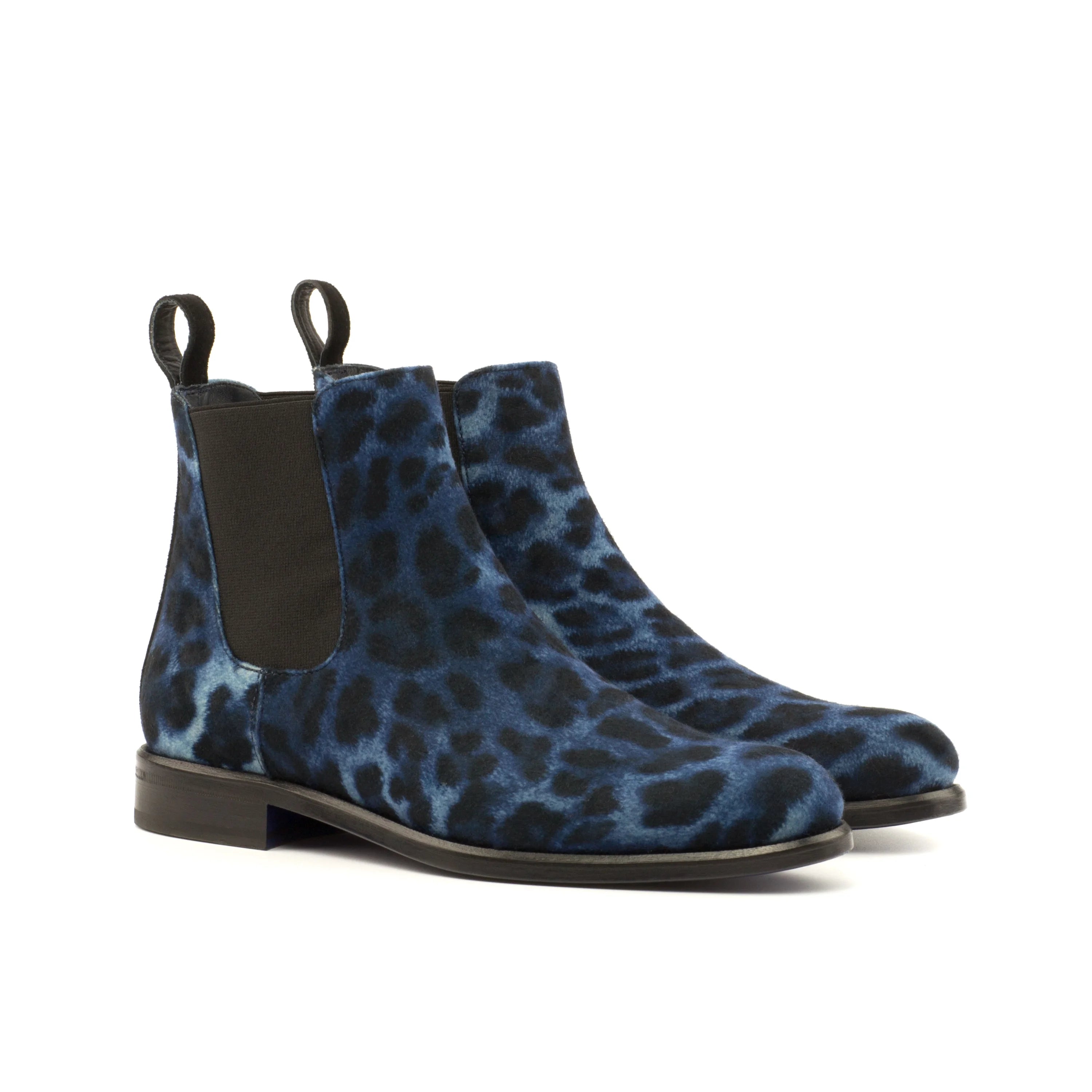 Youla ladies Chelsea boots in blue leopard-print suede with black panels