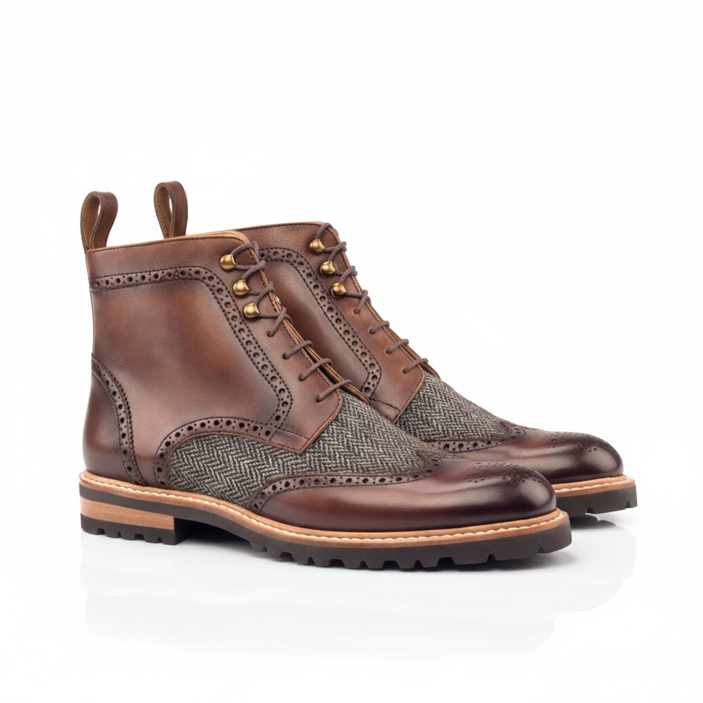Z ladies military brogue boot in brown leather and tweed wingtip