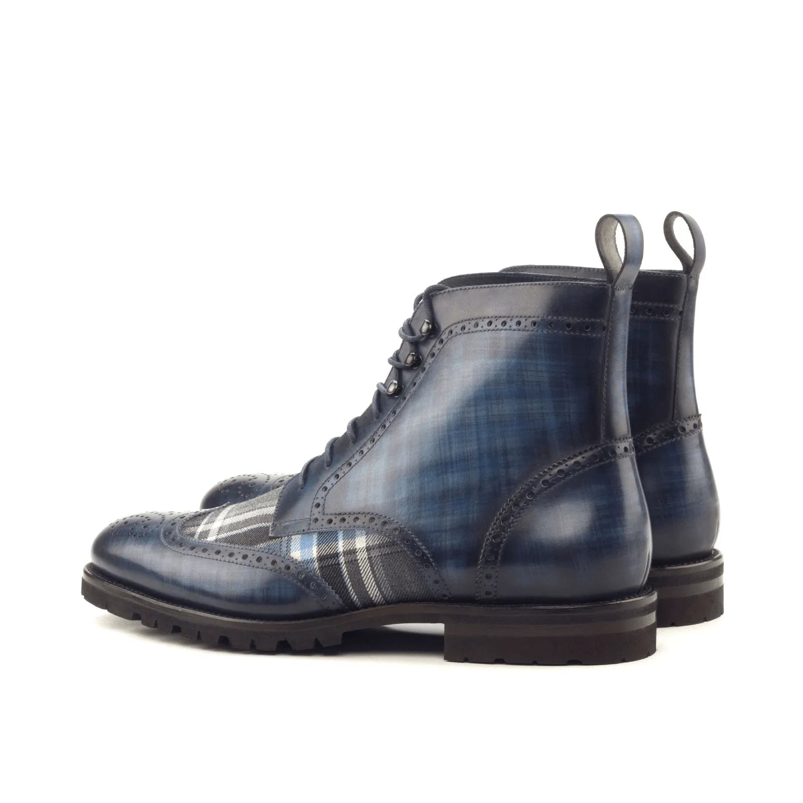 Zeno military brogue patina boots in blue leather plaid