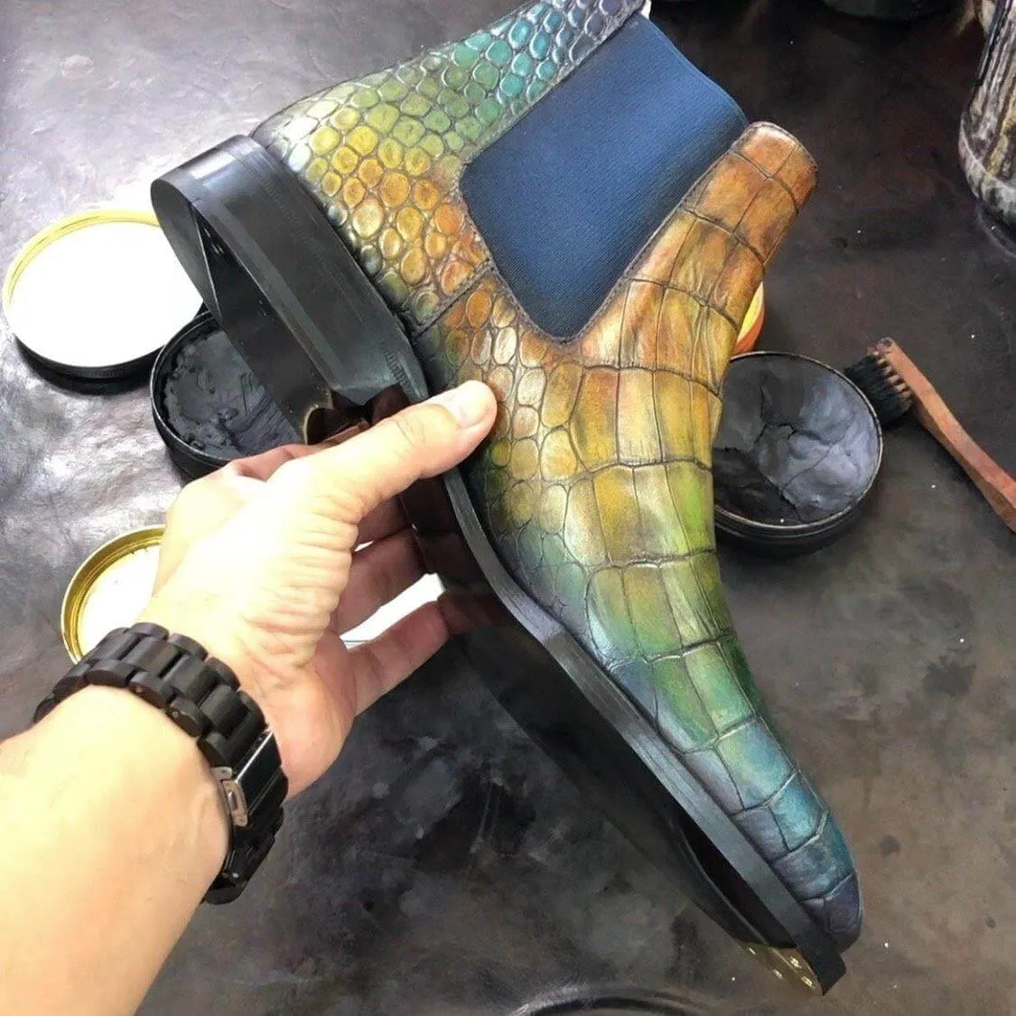 Multi-color patina croco 007 Chelsea boots back view