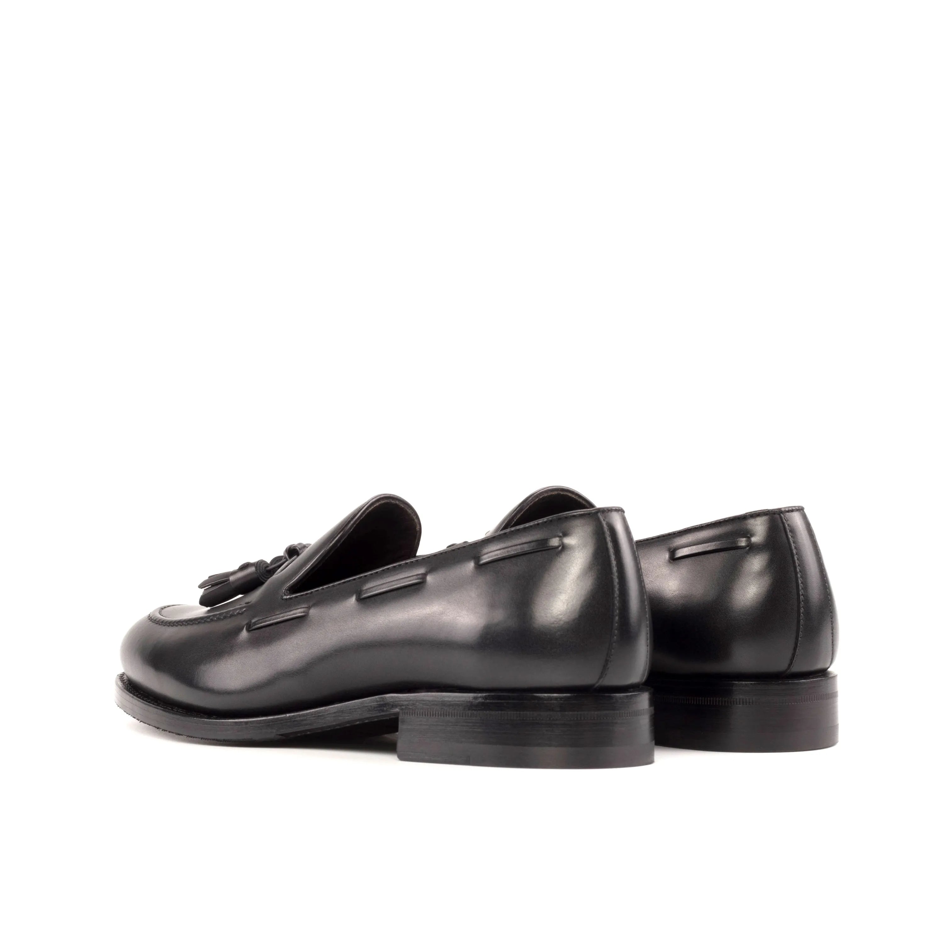 Black leather tassel loafers model 5911, back cut view with fast shipping