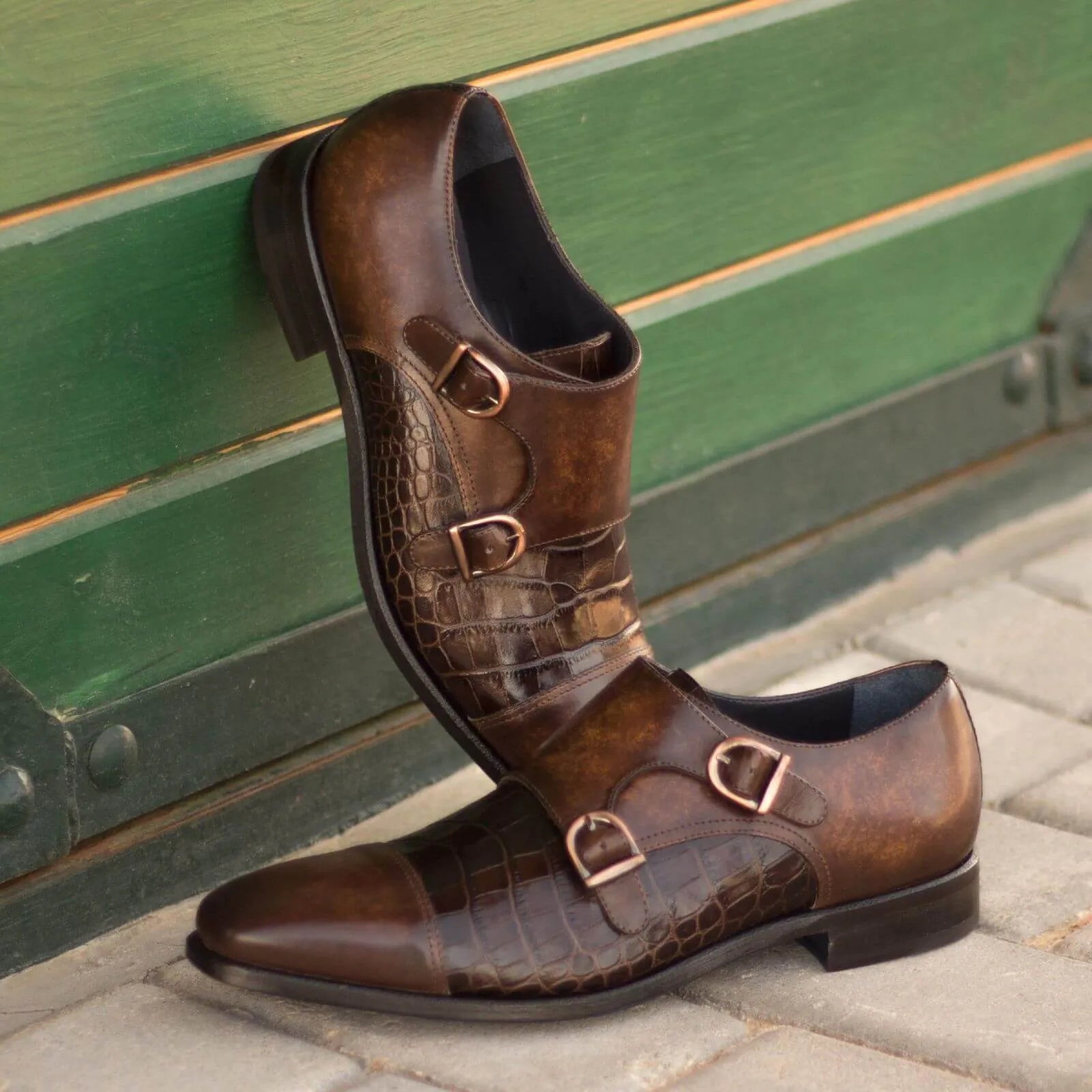 Abraham double monk patina shoes, brown leather back view