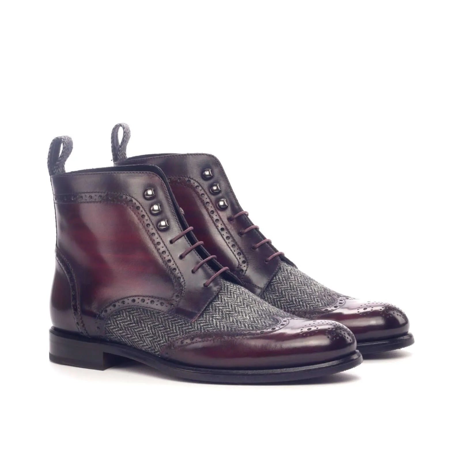 Aliya Ladies Patina military brogue boots in burgundy leather and herringbone tweed