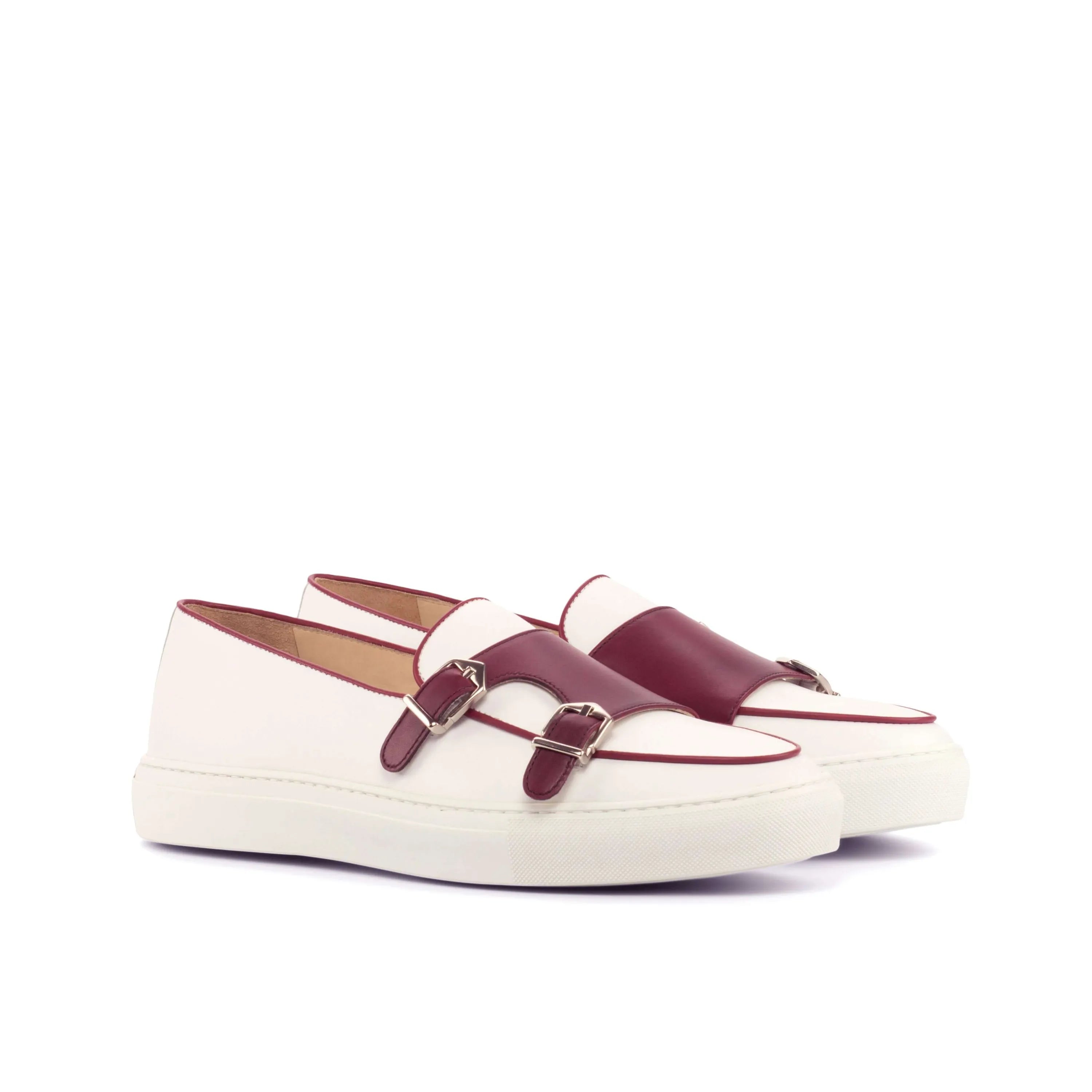 Andrew81 monk sneaker: white and burgundy double monk nappa leather