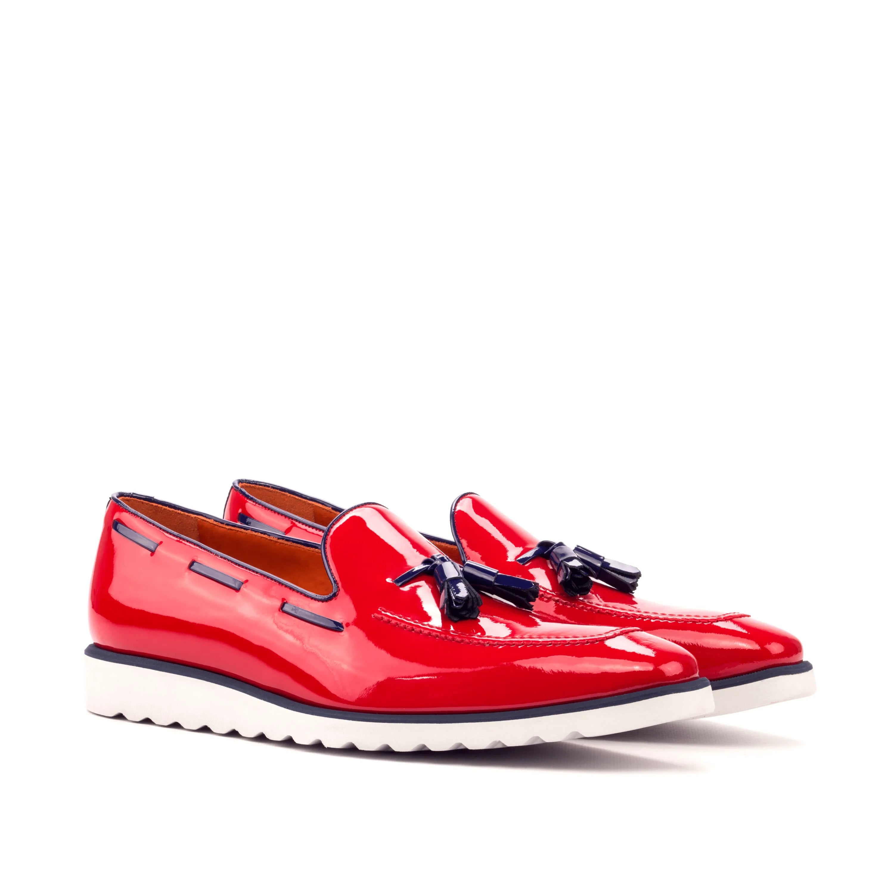 Red patent leather tassel Antonio loafers, luxury bespoke shoes for men