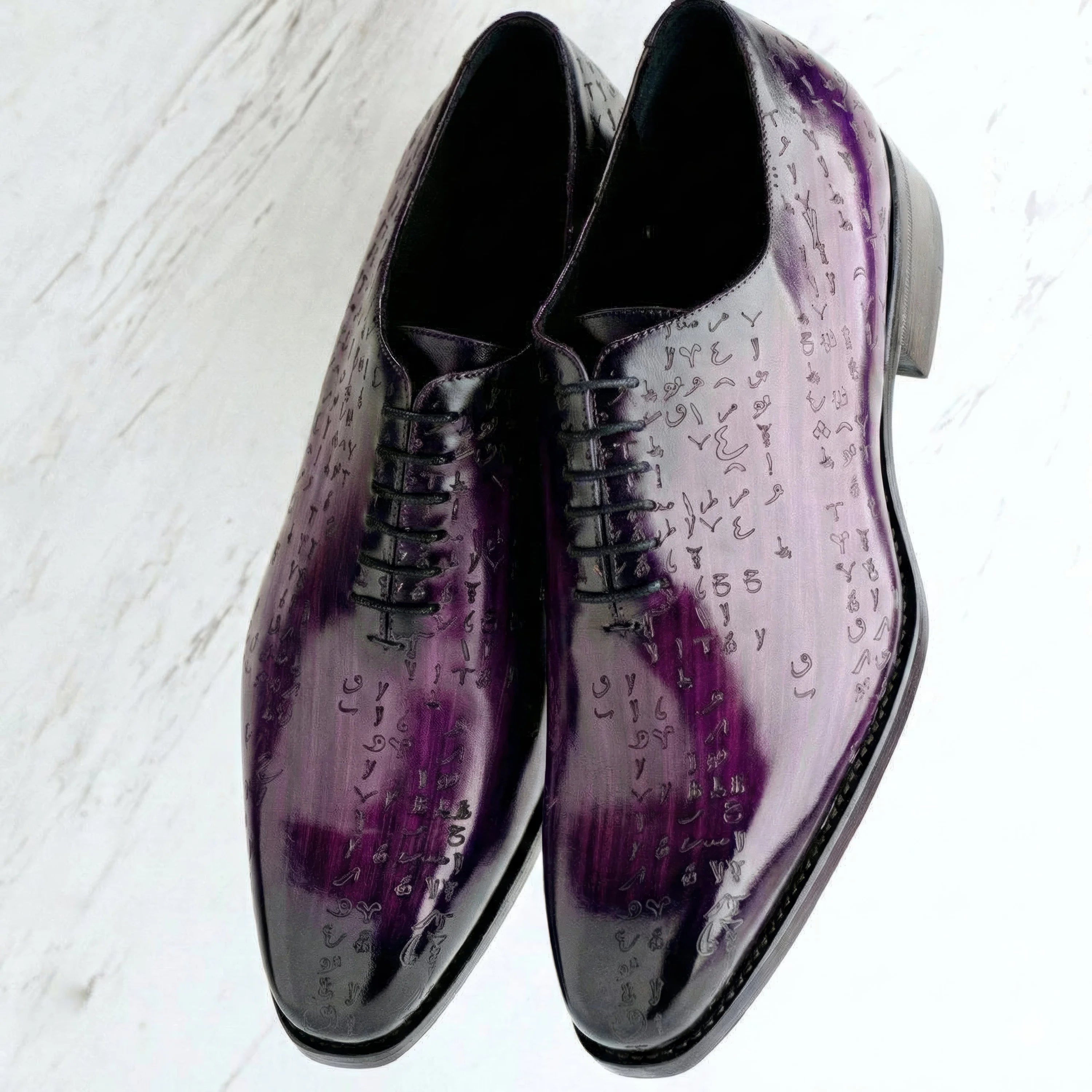 Arabic Matrix Midnight Patina shoes with glossy purple patent leather, soft chisel toe