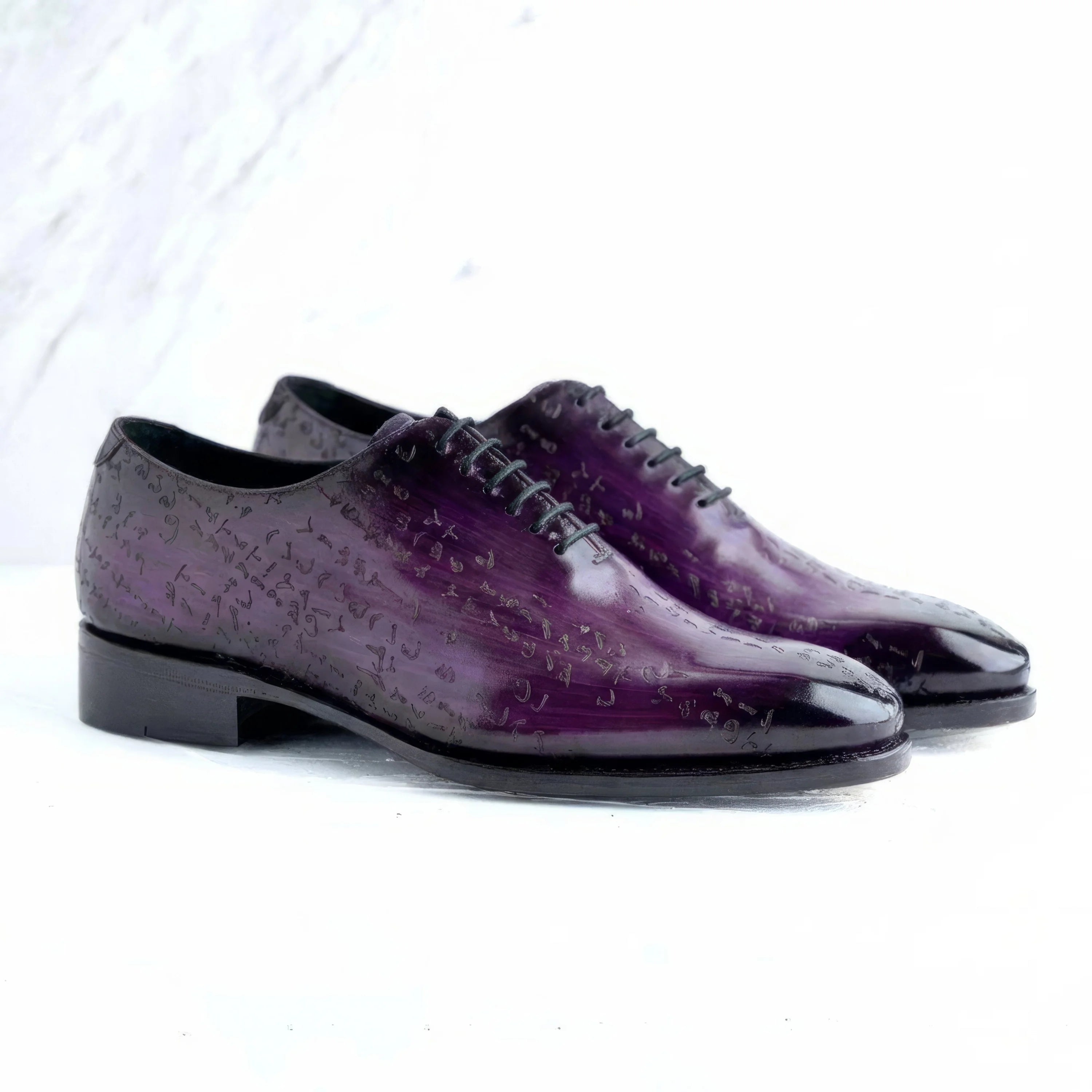 Arabic Matrix Midnight Patina shoes in purple patent leather with soft chisel toe