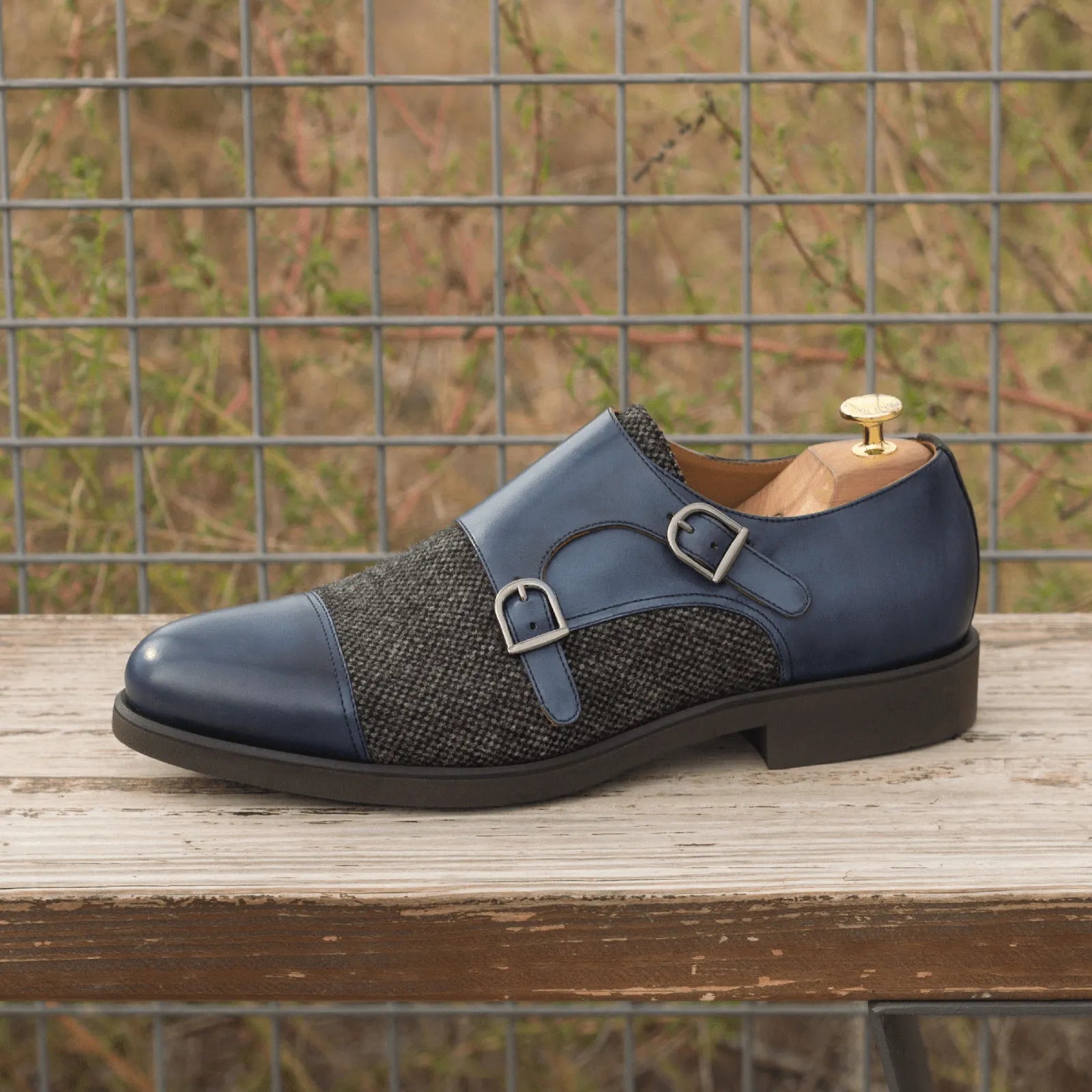 Balti double monk blue leather tweed patina shoe back view