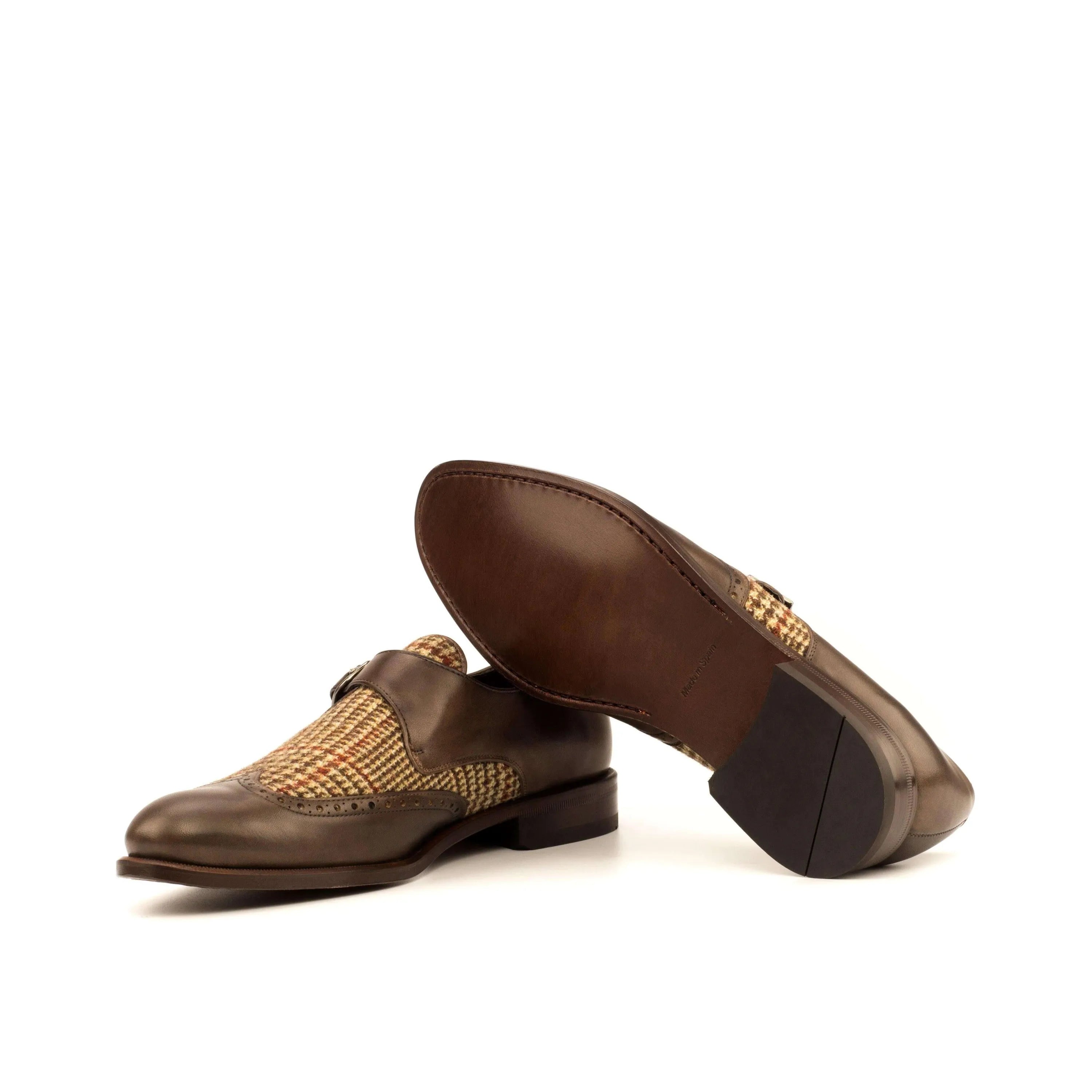 Bodaway single monk shoes II in brown leather tweed with rounded toe