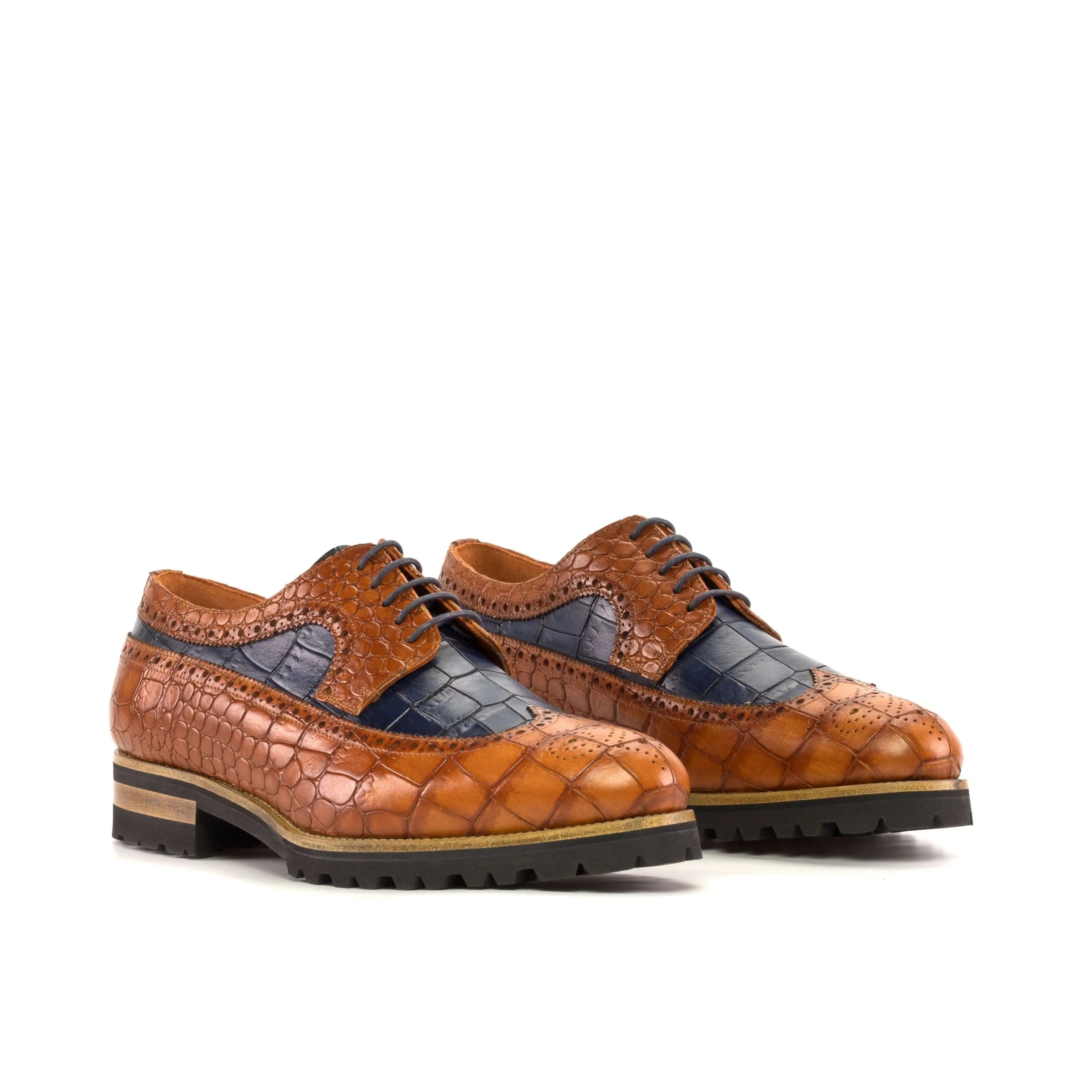 Bornard Longwing Blucher painted croco brown and blue crocodile leather dress shoes