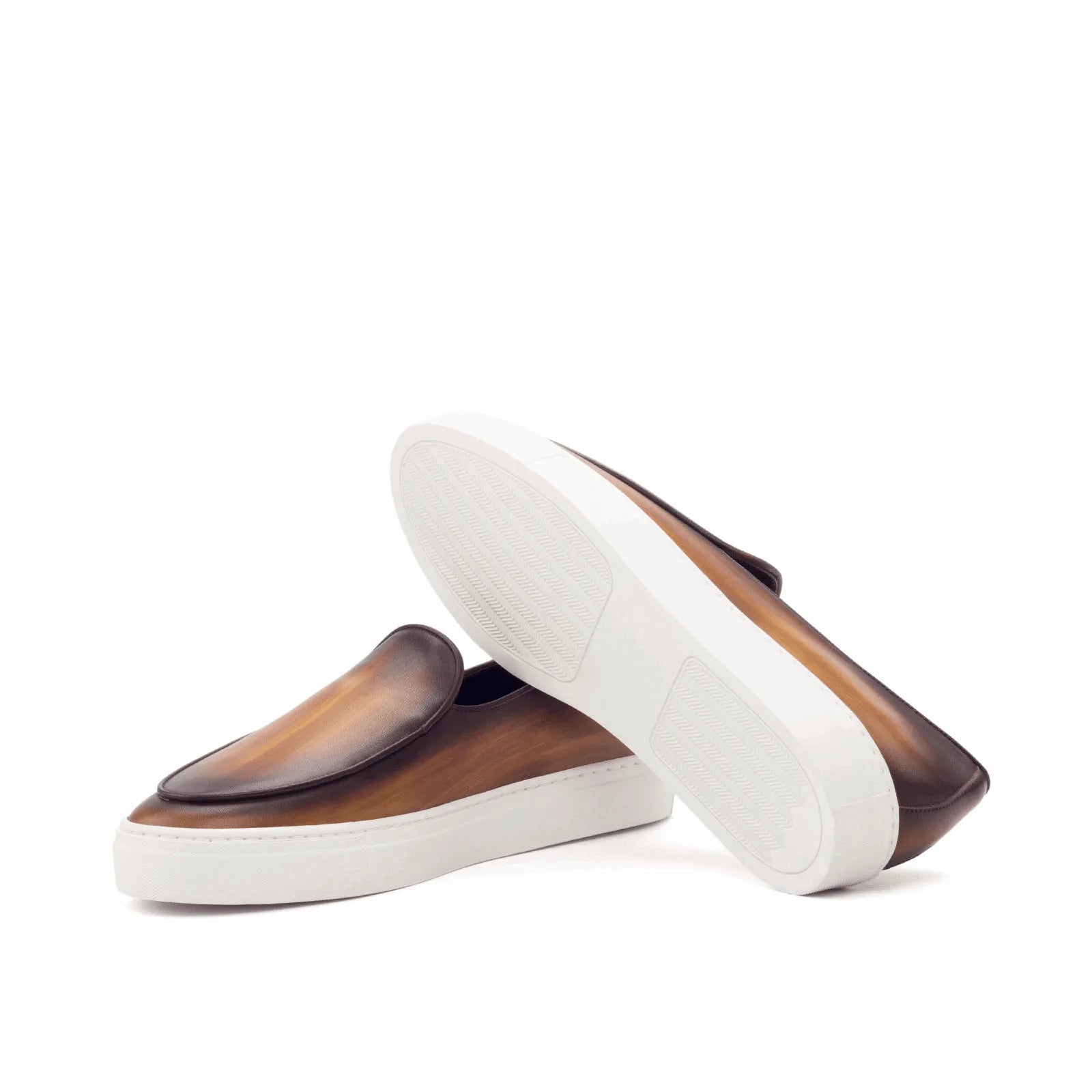 Boss Belgian Patina sneaker: brown leather slip-on with white soles