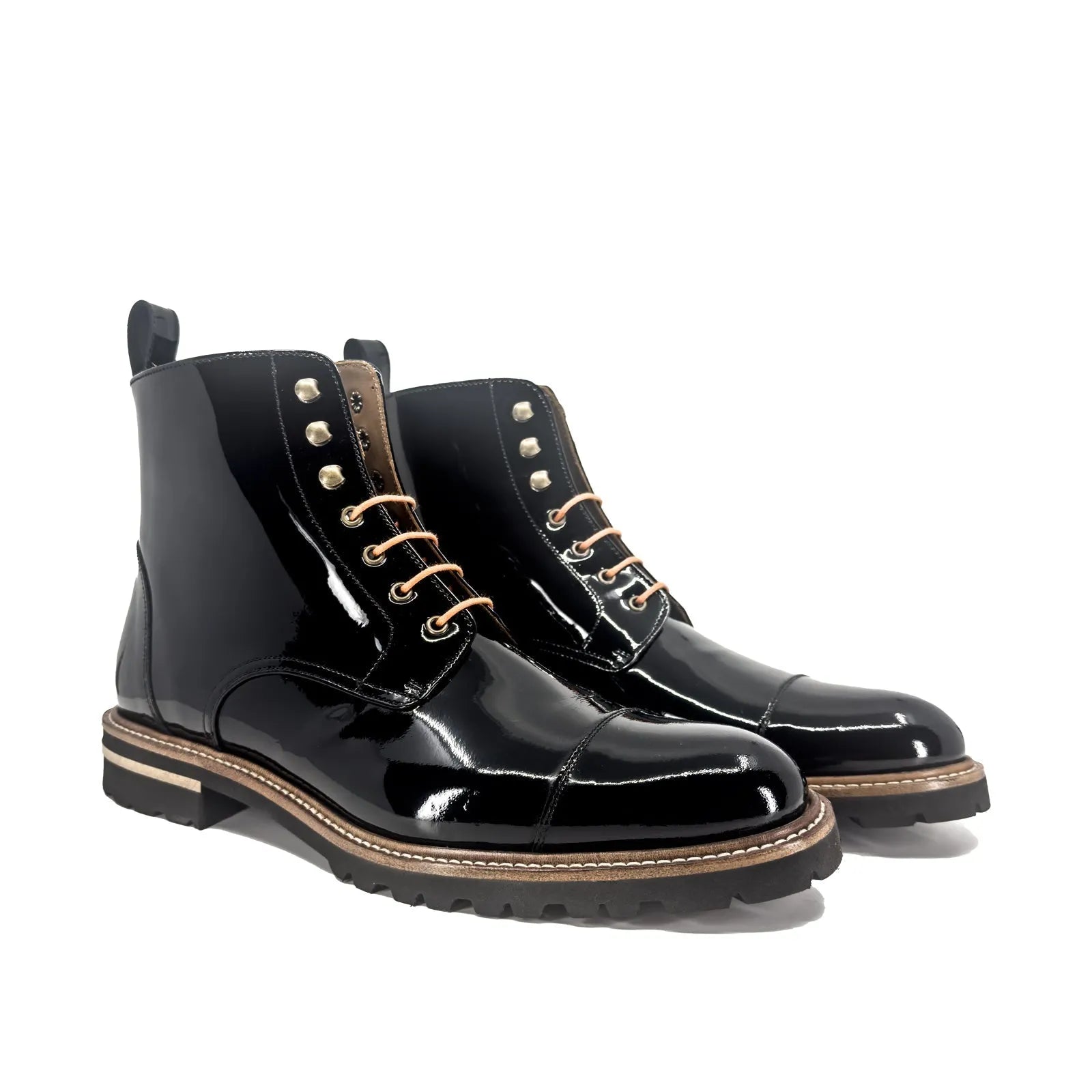 Shiny black leather bossy unisex captoe boots