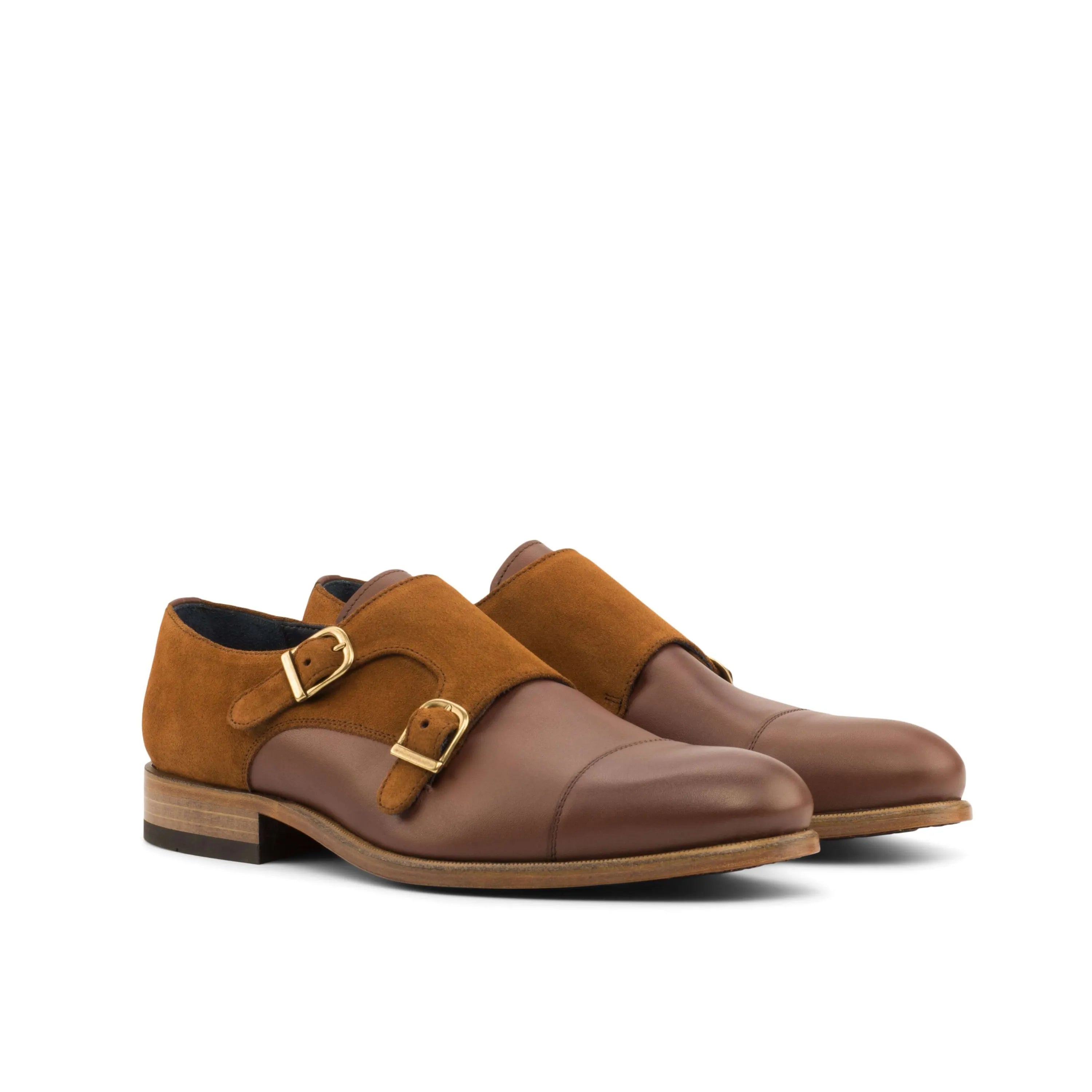 Brusca double monk brown leather shoes, double monk strap detail