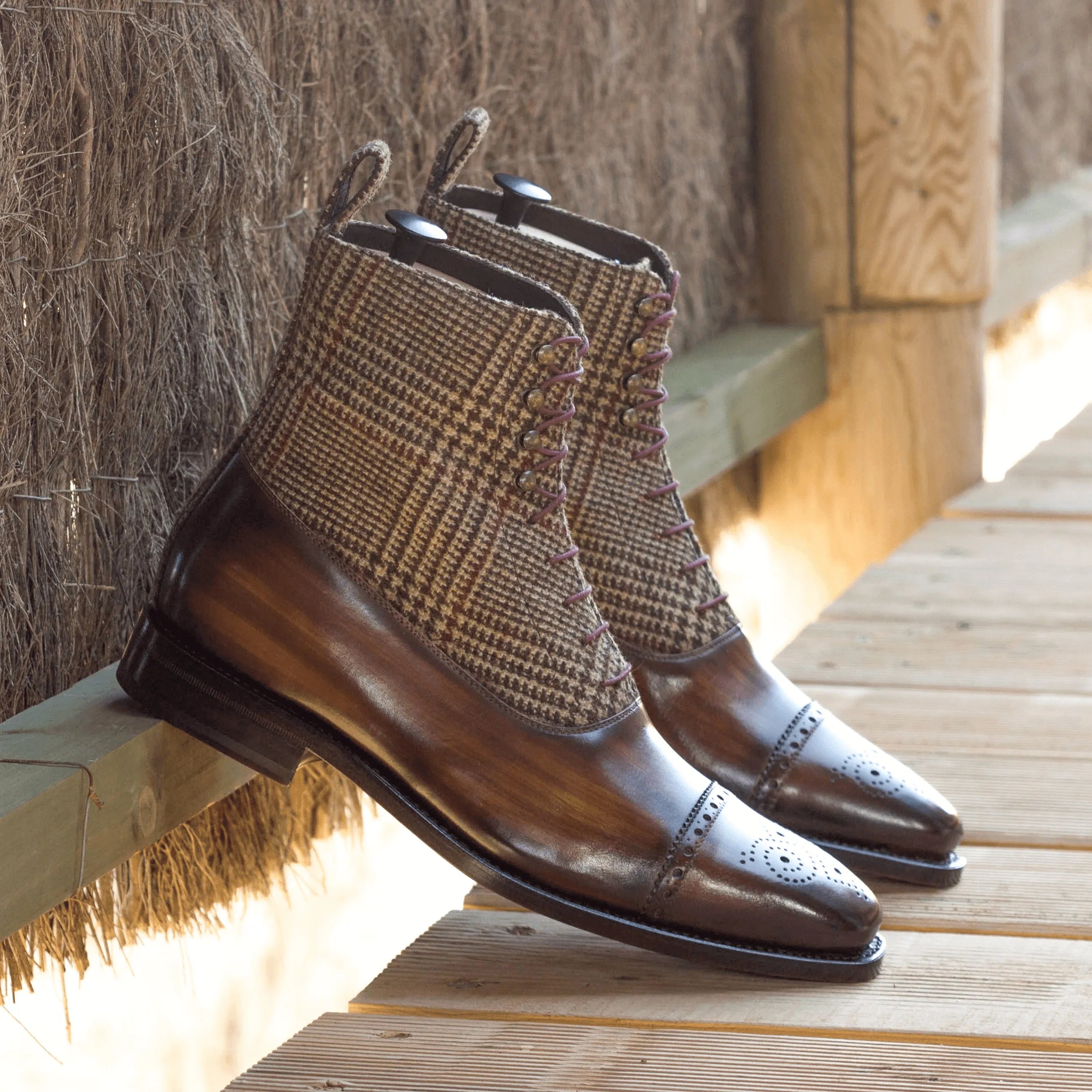 Caine Balmoral Patina Boots II in brown leather and tweed