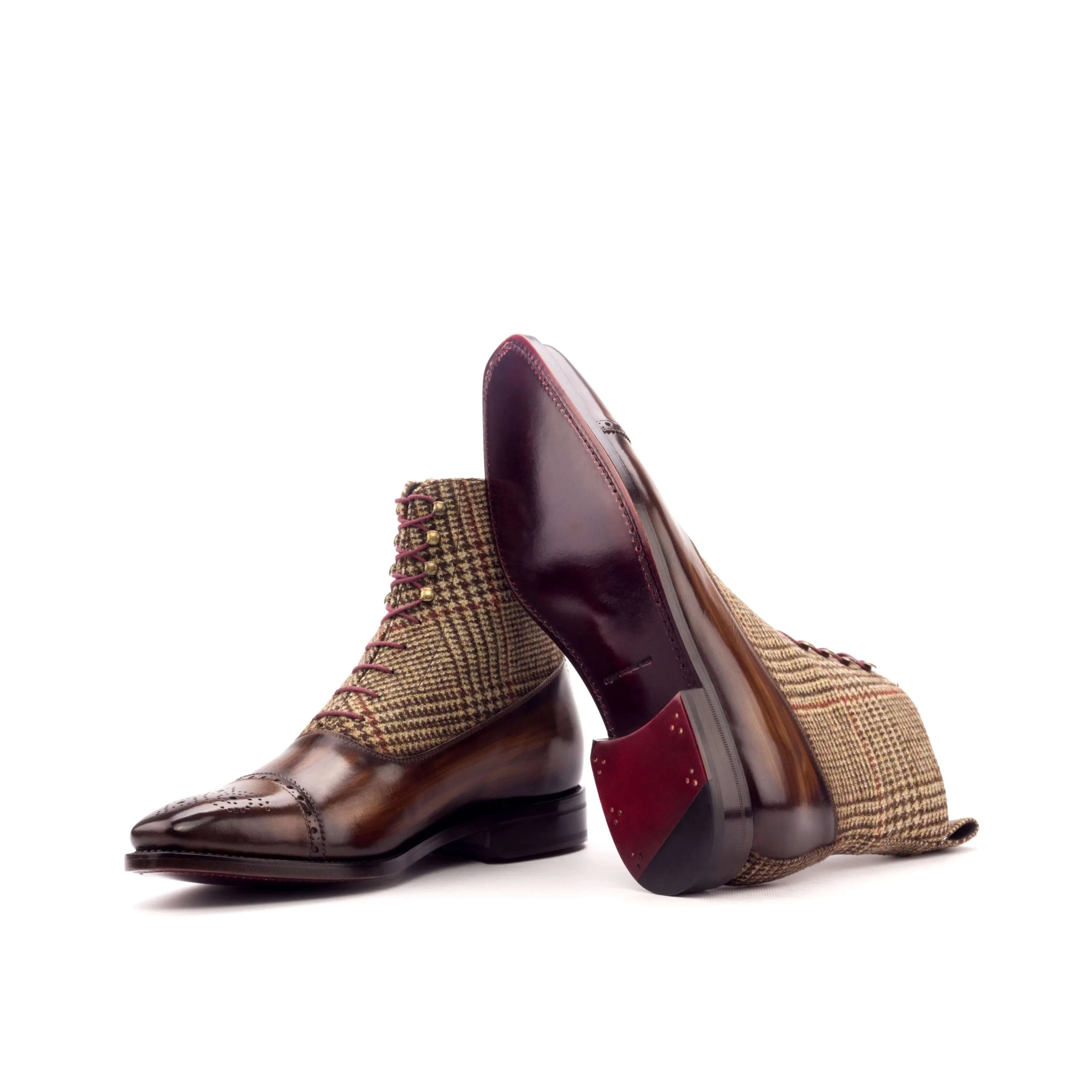 Caine Balmoral Patina boots in brown leather and tweed