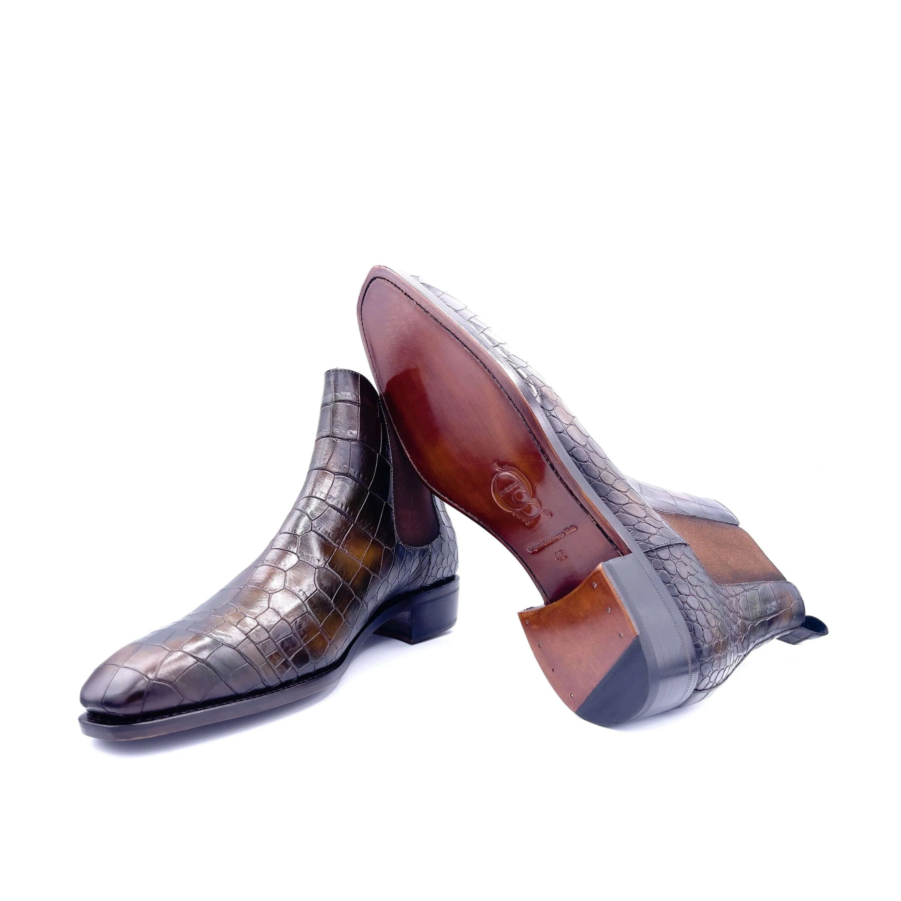 Pair of brown crocodile-patterned Cairo Patina Chelsea chisel toe boots