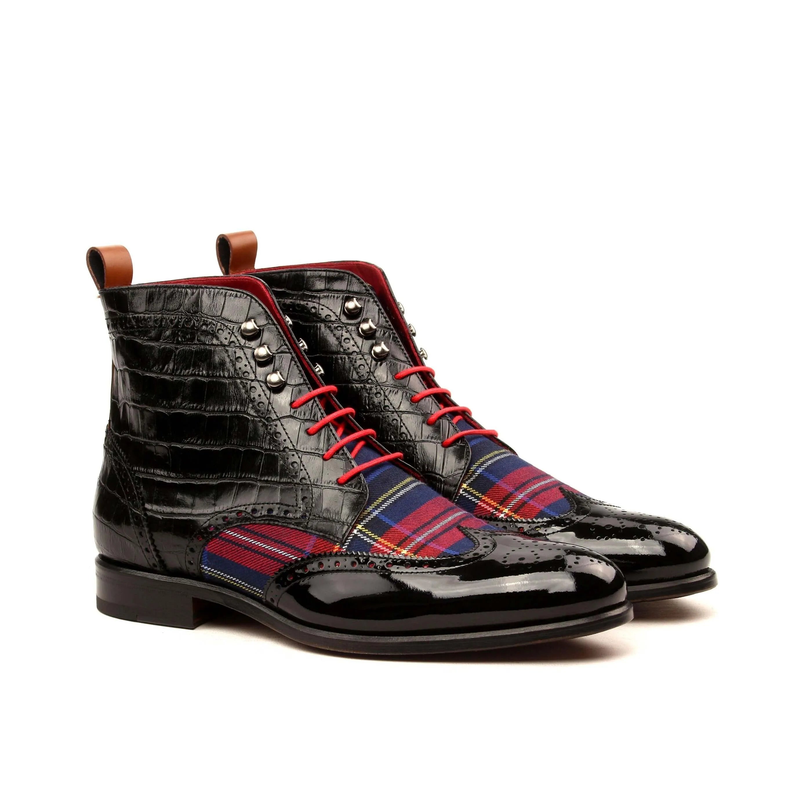 Catu military brogue boots in black leather and plaid lace-up design