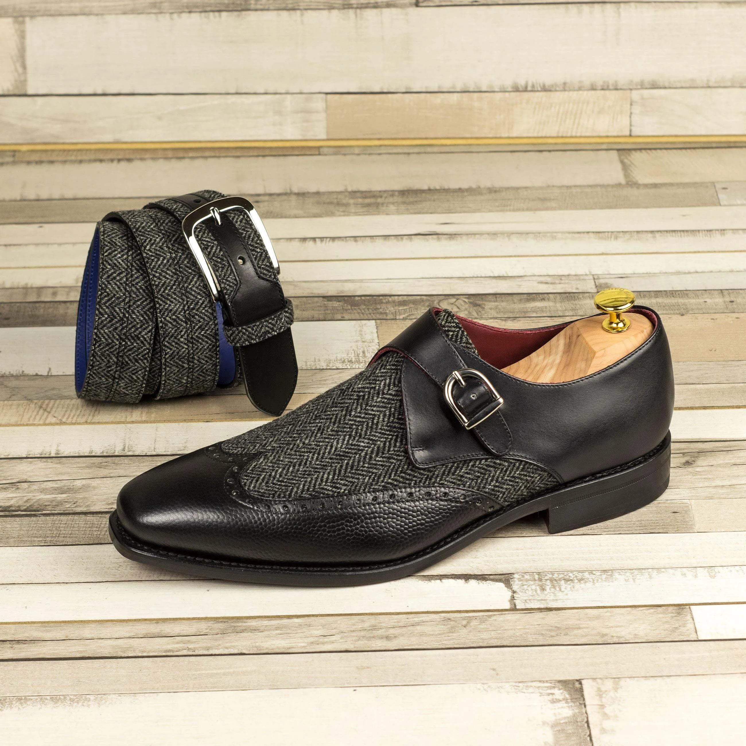 Caval Single Monk black leather and tweed single monk strap shoe