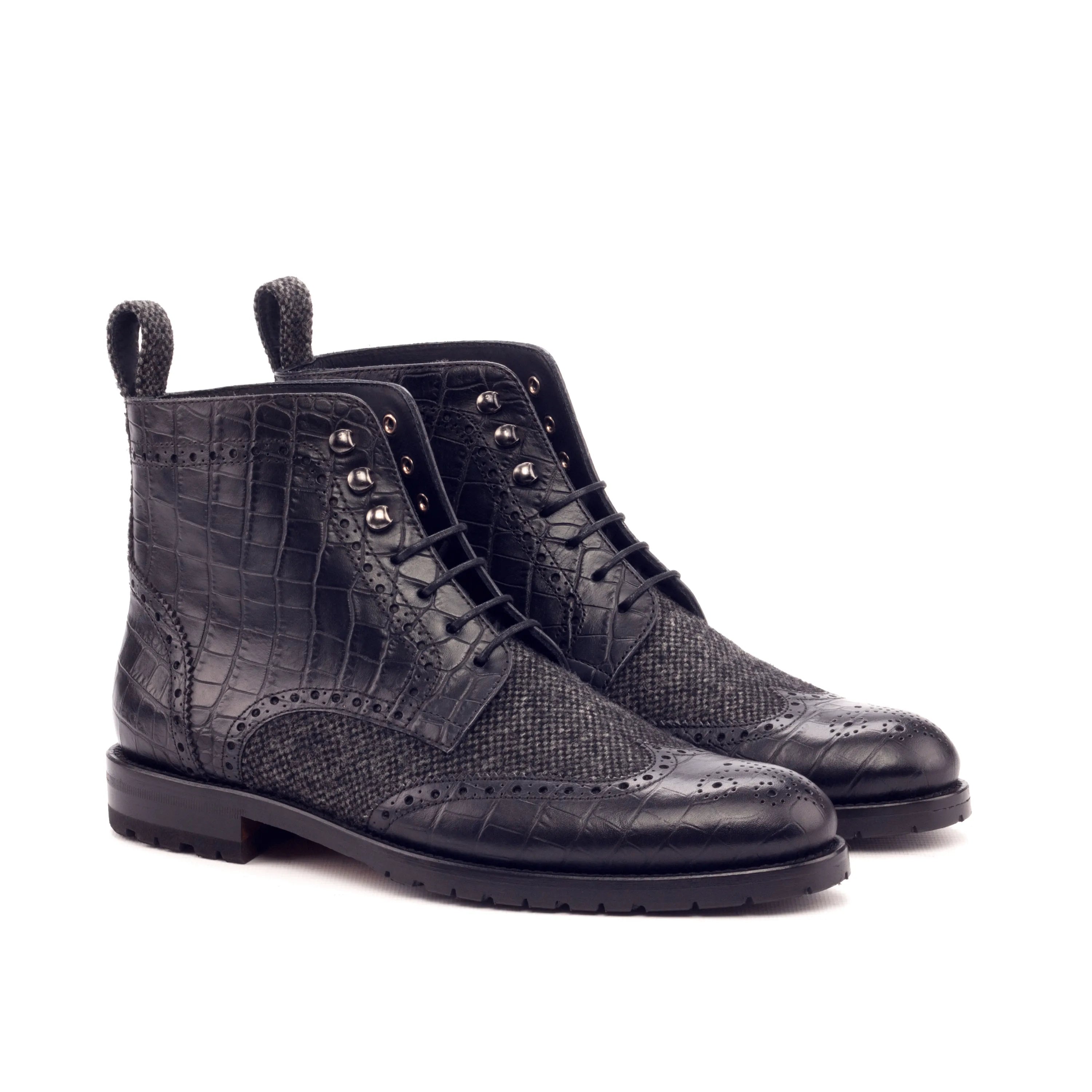 Pair of Claudia ladies military brogue boots in black leather and tweed